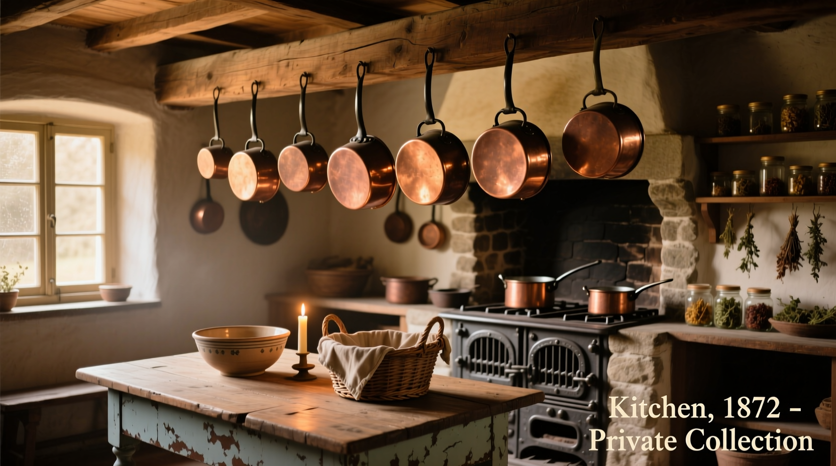 Vintage photograph of 19th century kitchen with copper pots