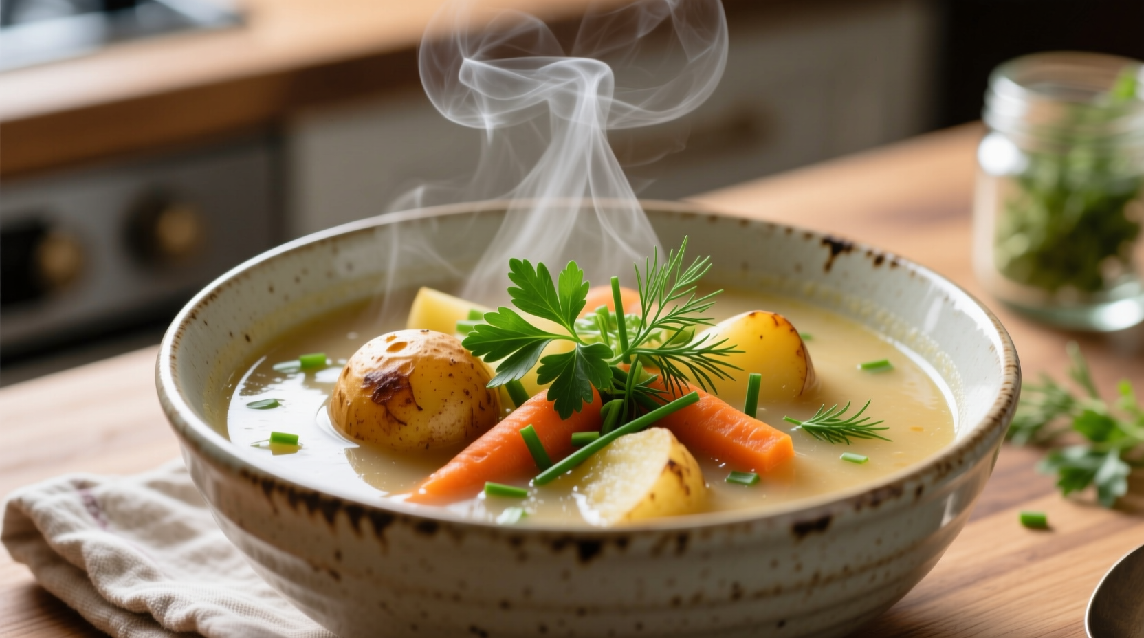 Steaming bowl of vegetable and potato soup with fresh herbs