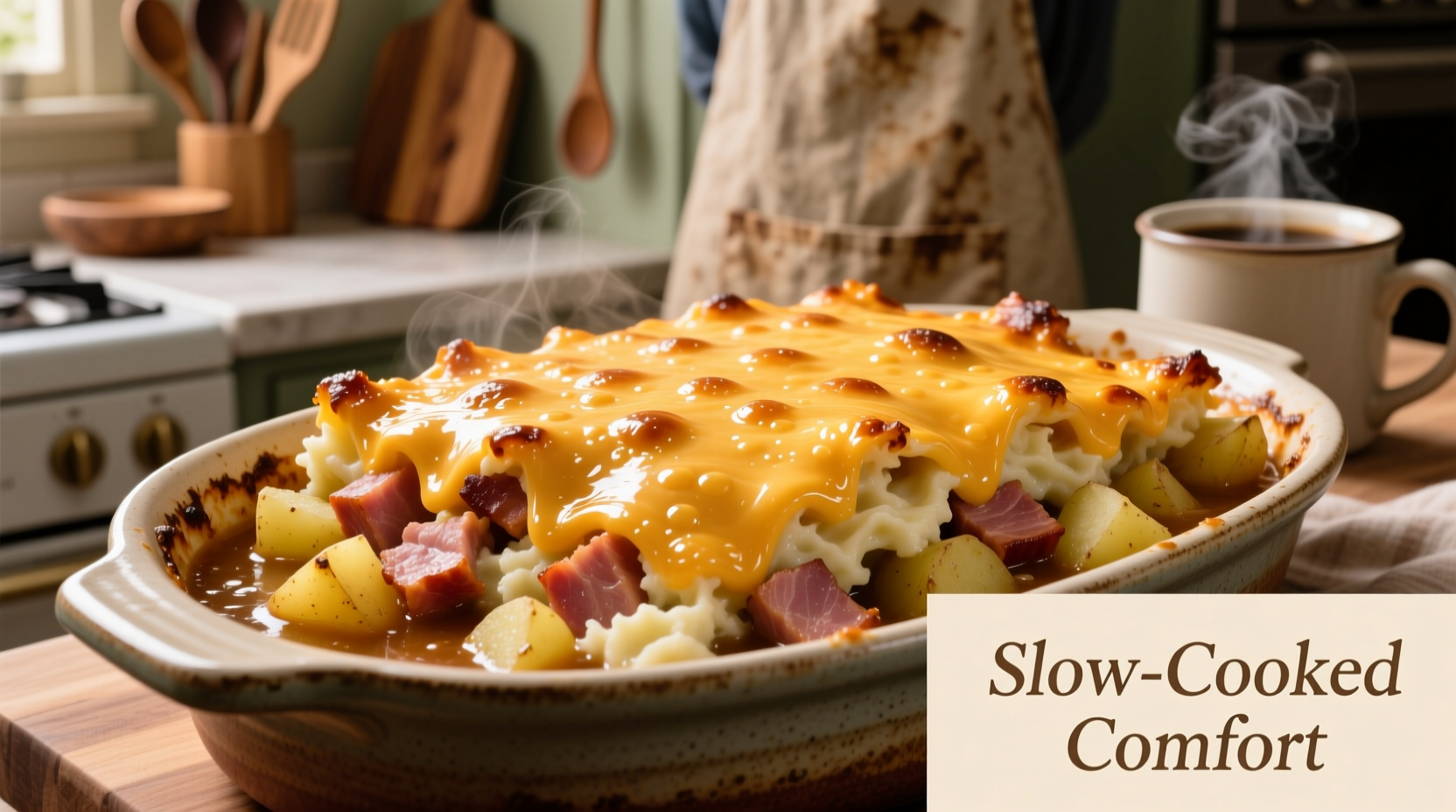 Crockpot ham and potato casserole with melted cheese topping