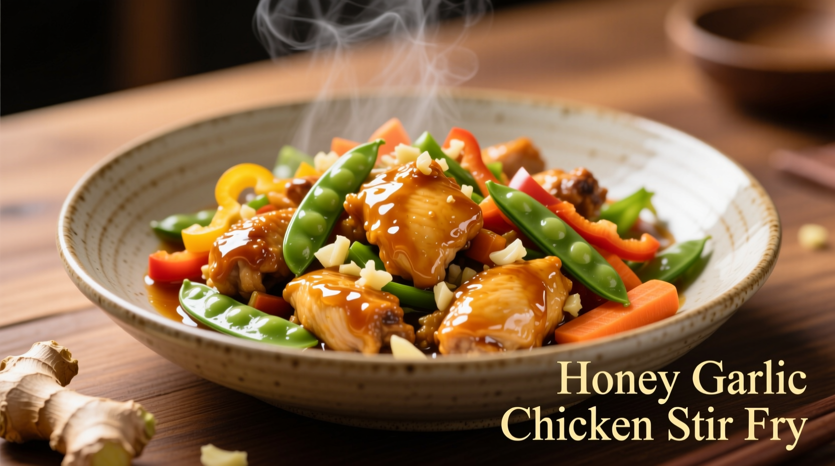 Golden honey garlic chicken stir fry with crisp vegetables