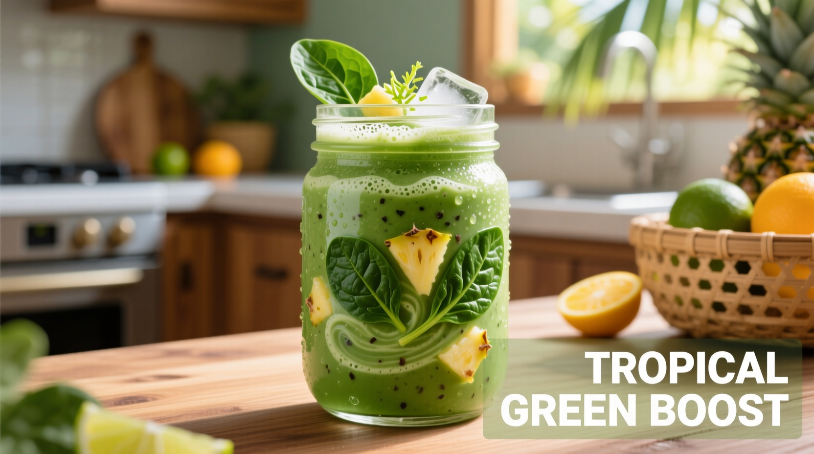 Vibrant green tropical spinach smoothie in glass