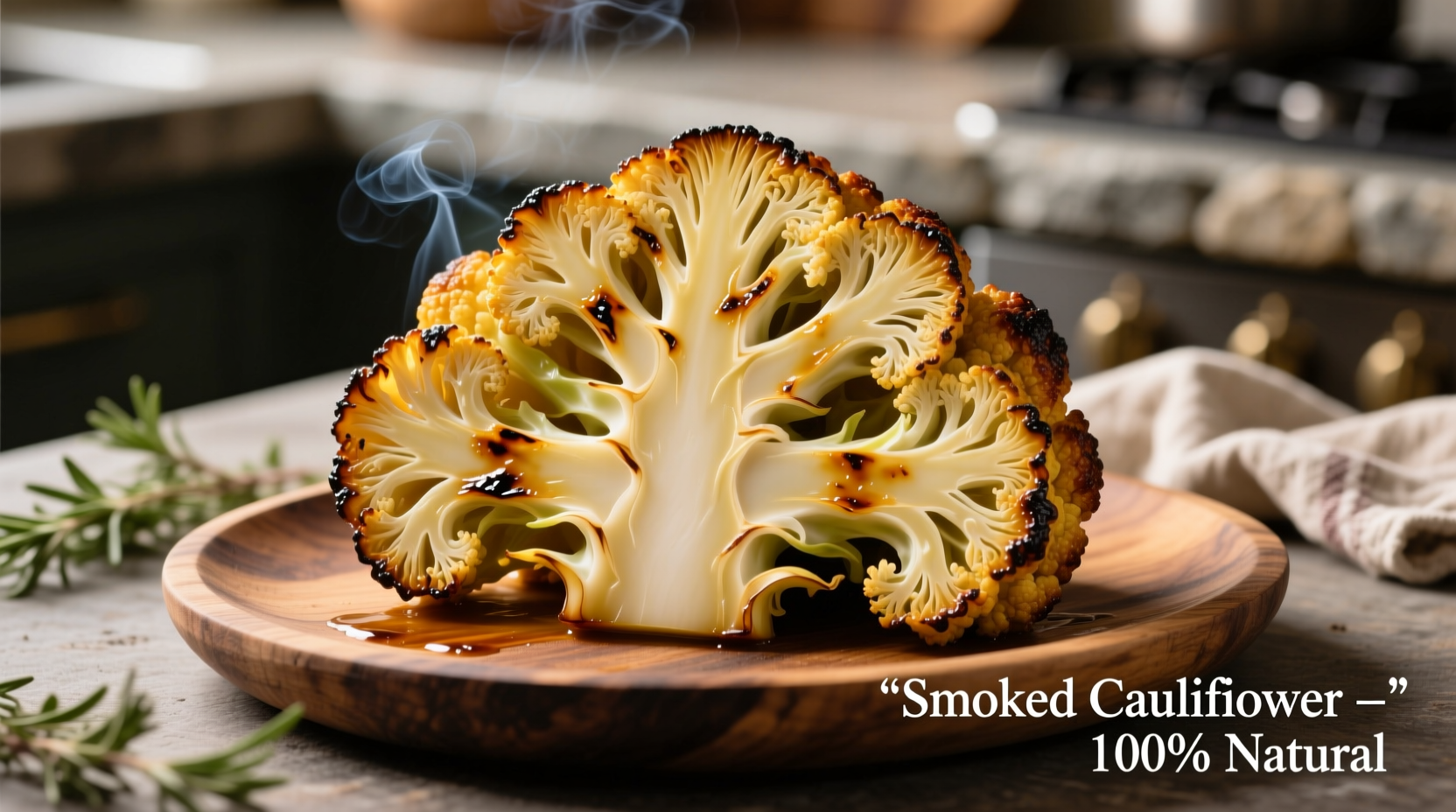 Perfectly smoked cauliflower with golden edges on rustic platter
