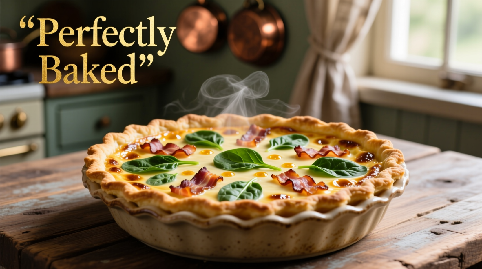 Perfectly baked spinach and bacon quiche with golden crust