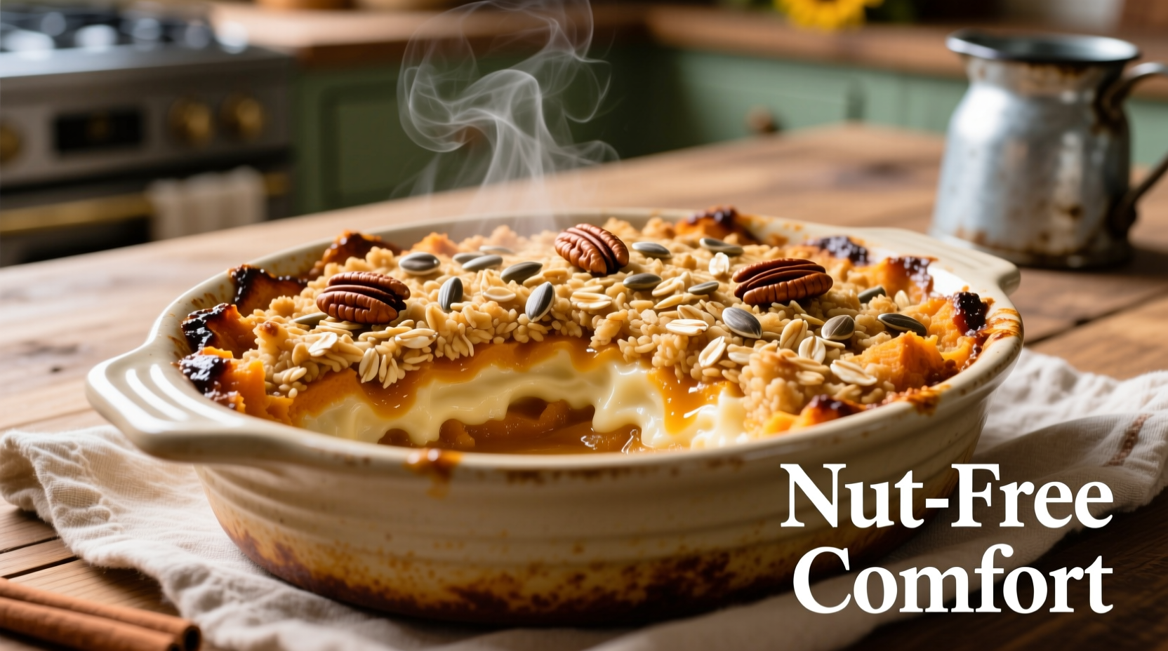 Golden nut-free sweet potato casserole with oat topping