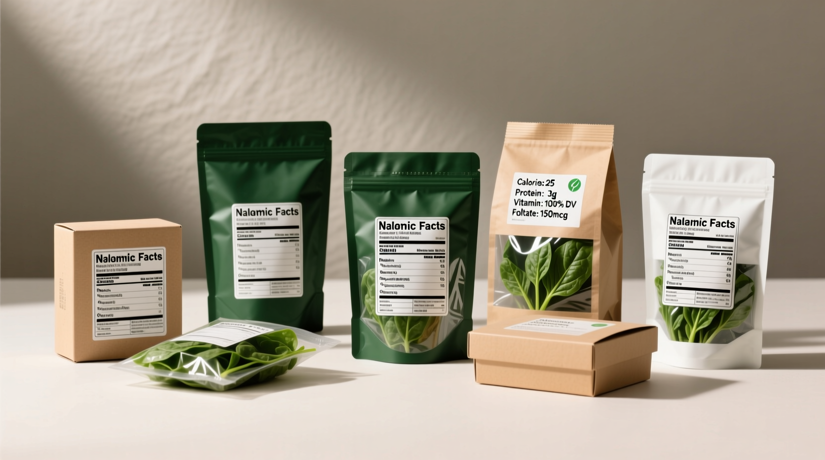 Various spinach packaging with visible nutrition labels