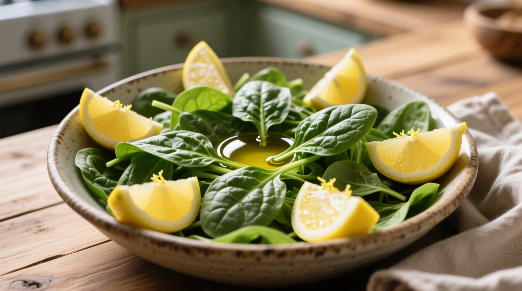 Fresh spinach leaves in salad bowl with lemon wedges