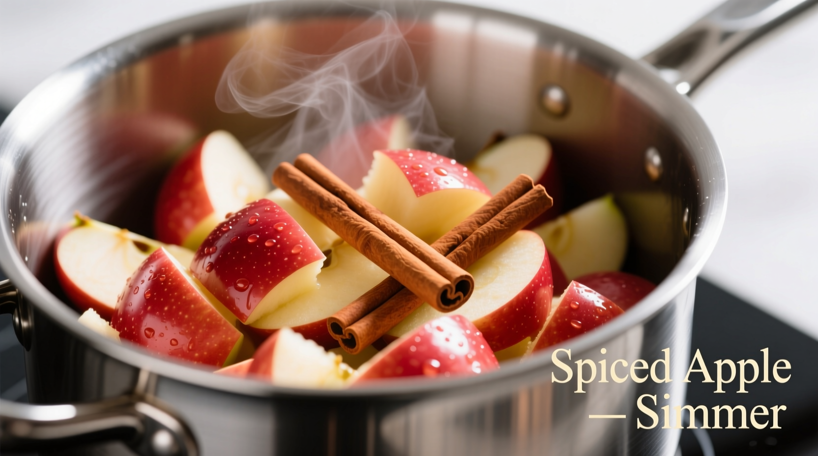 Chopped apples in stainless steel pot with cinnamon sticks