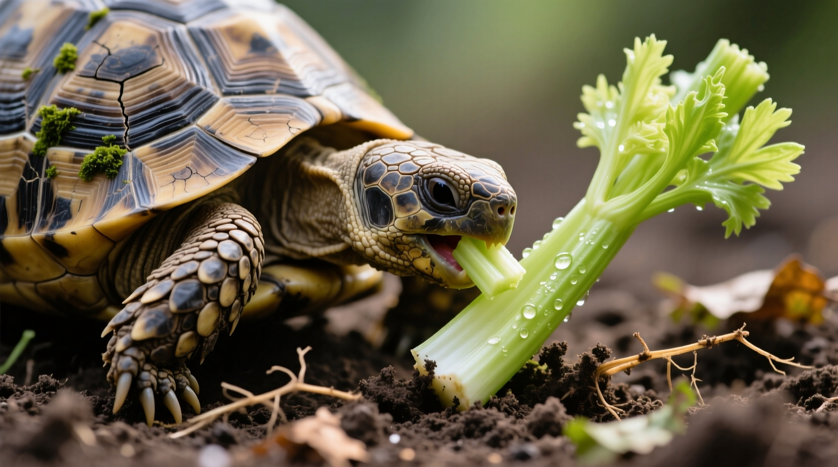Tortoise carefully eating small piece of celery on soil