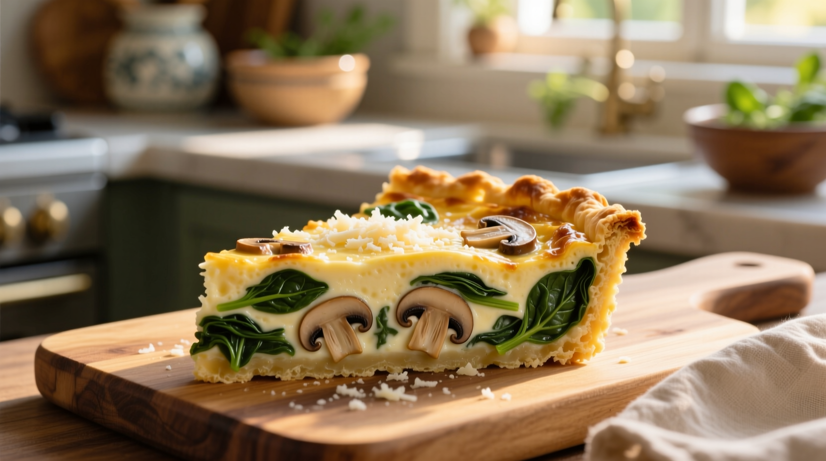 Geschnittene Mushroom Spinach Quiche mit sichtbarer Schichtung