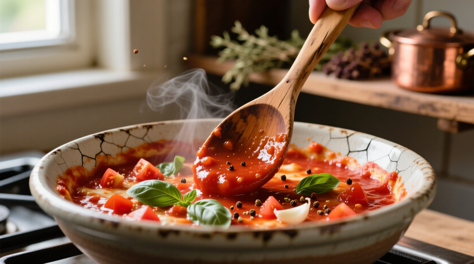 Hand stirring fresh tomato pizza sauce in ceramic bowl