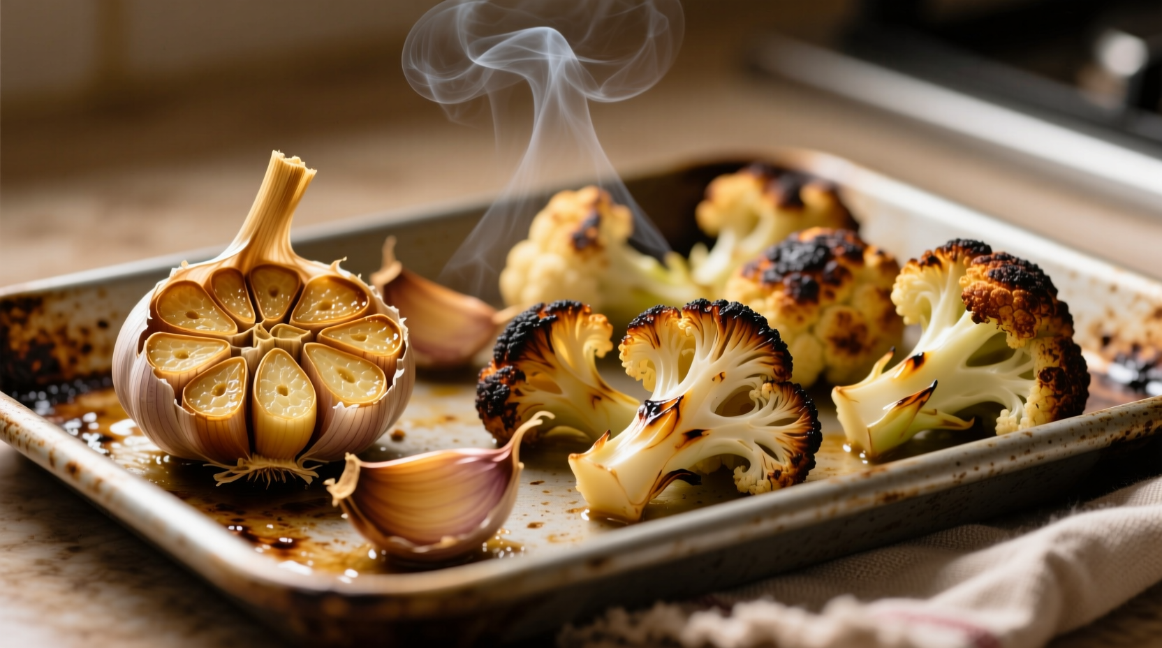 Roasted garlic cloves and cauliflower florets on baking sheet