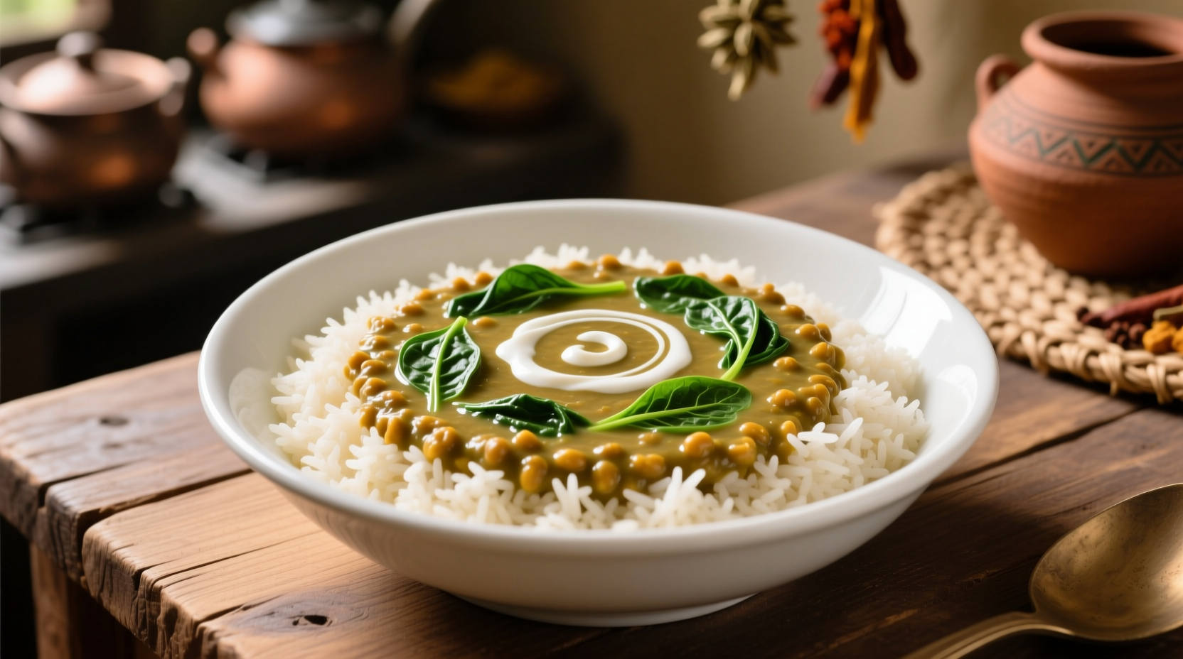 Creamy spinach dal served in white bowl with basmati rice