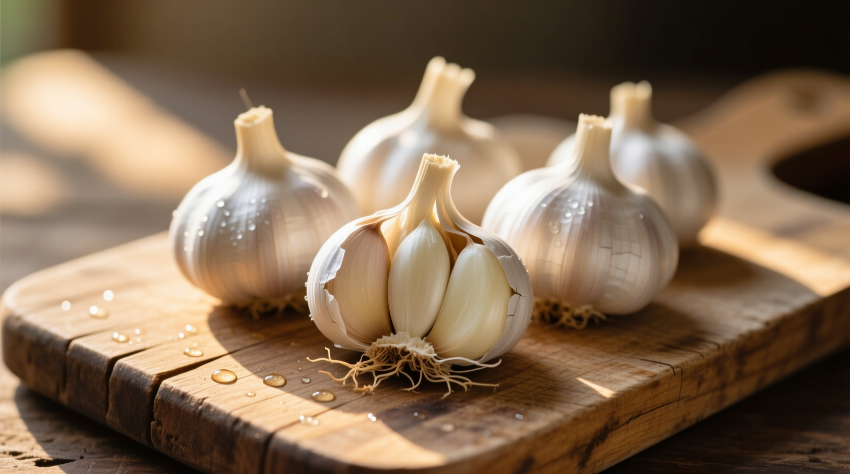 Fresh garlic bulbs on wooden cutting board