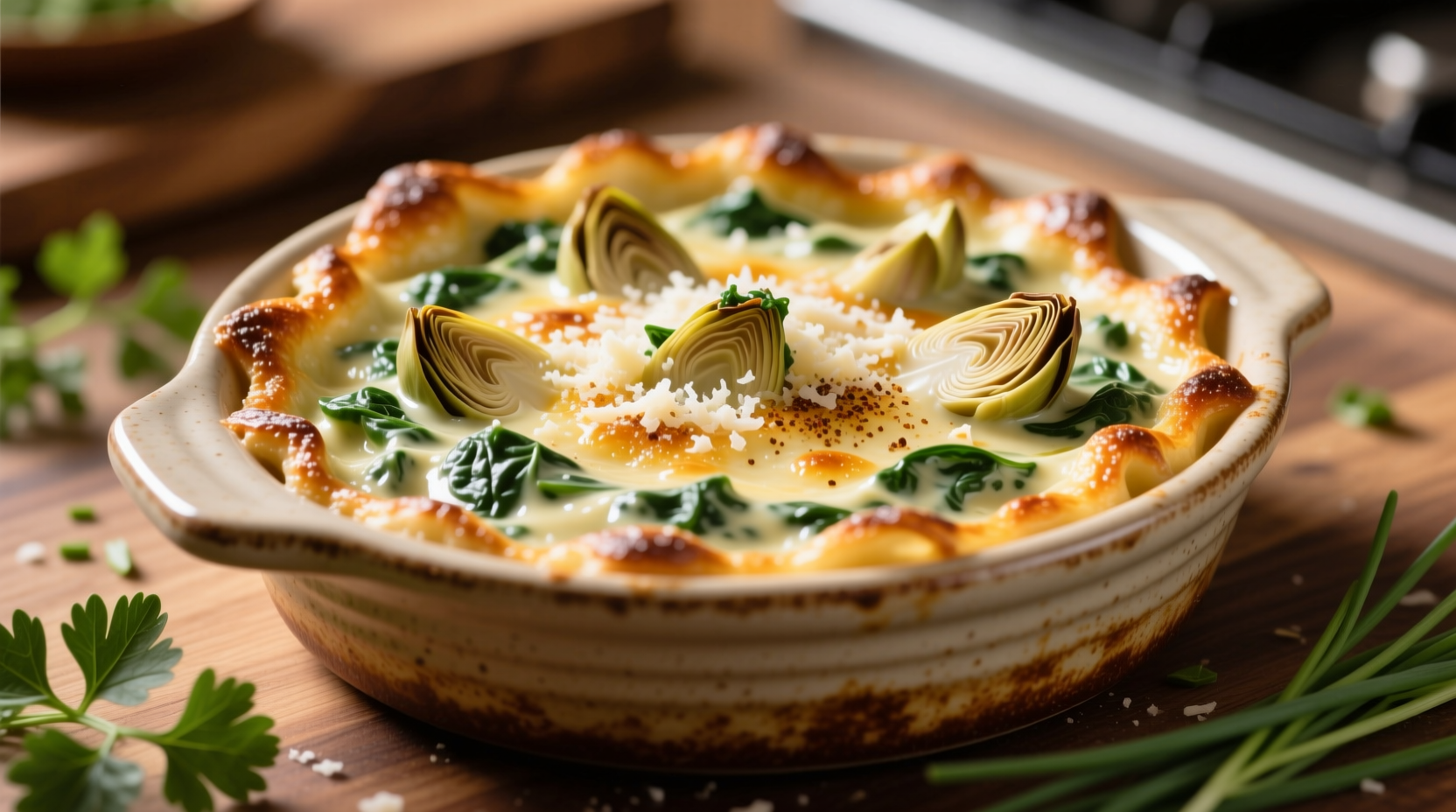 Creamy spinach artichoke dip in baking dish with toasted top