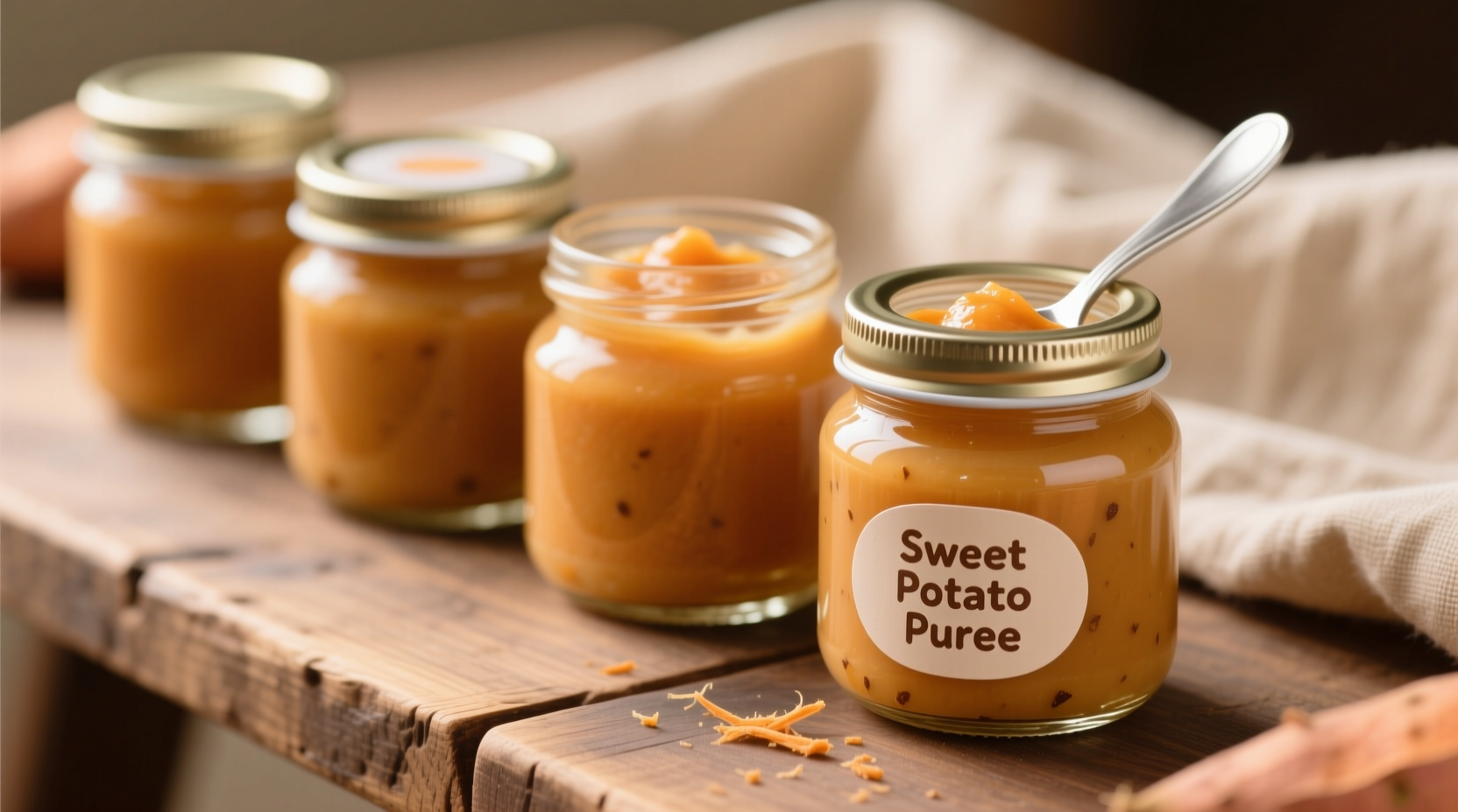 Homemade sweet potato puree in baby food jars
