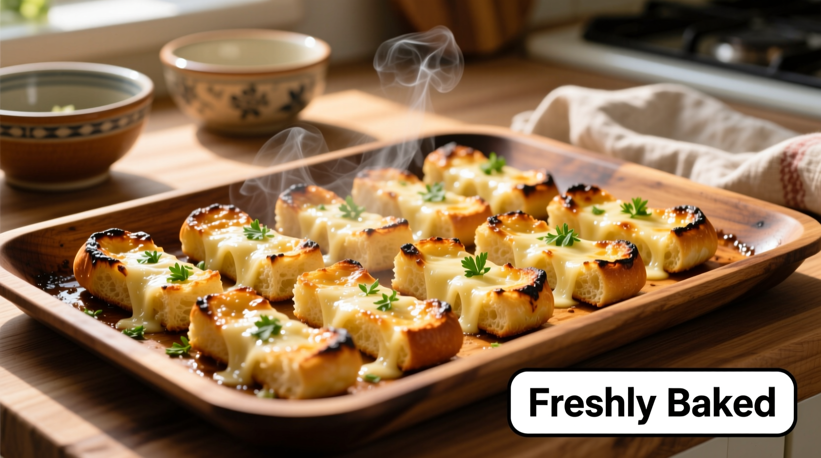 Golden garlic bread sticks on baking sheet