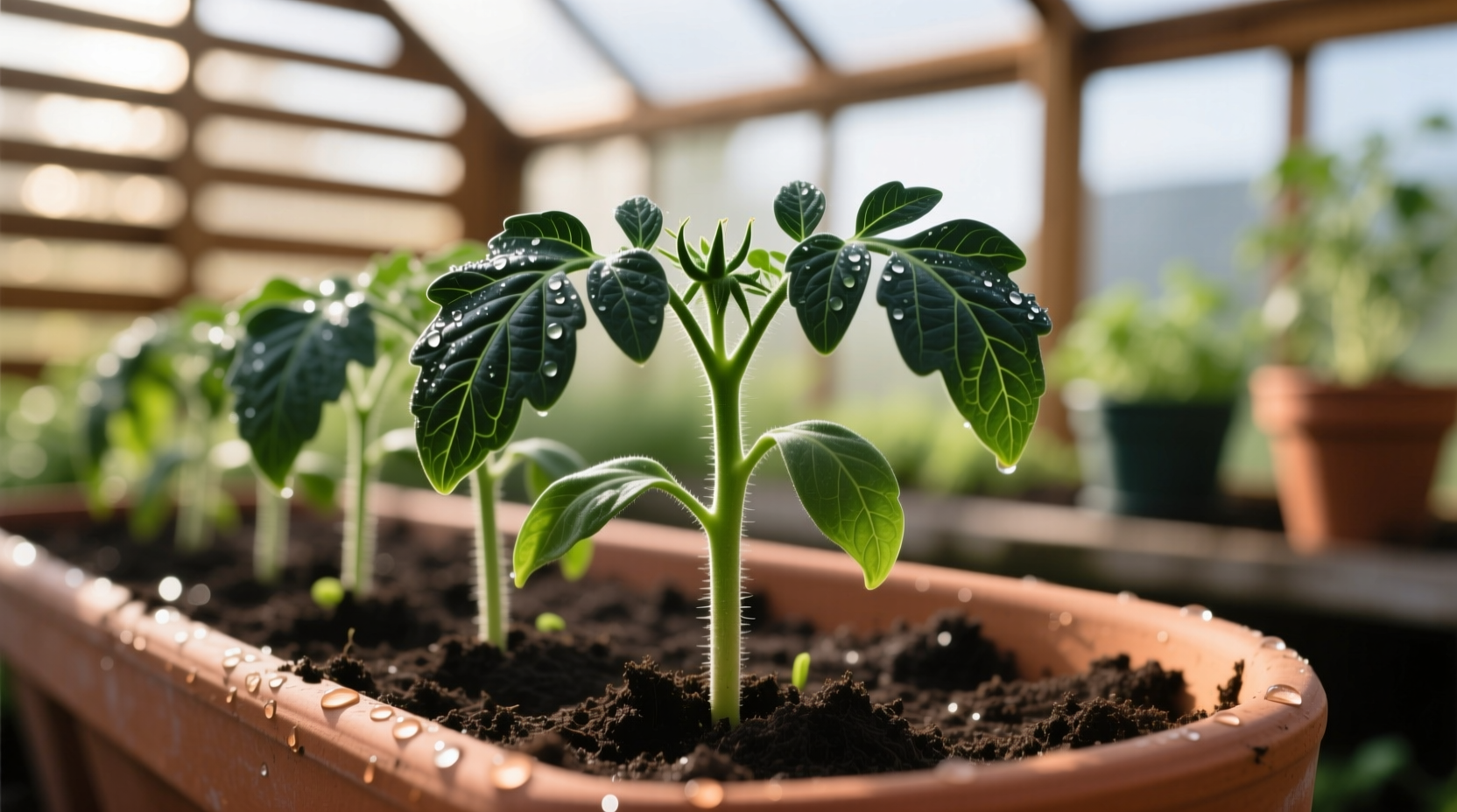 Healthy tomato seedlings with dark green leaves and sturdy stems