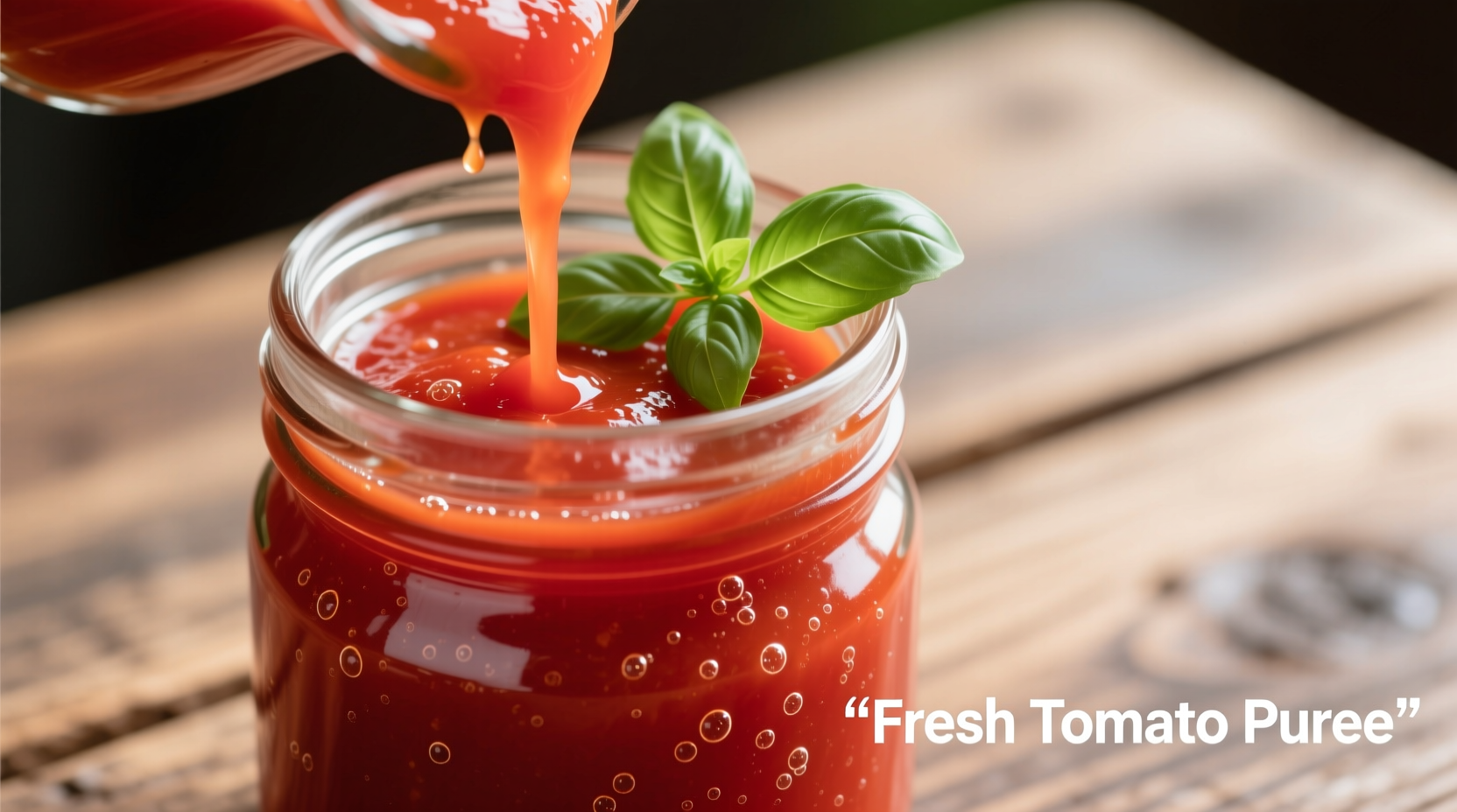 Fresh tomato puree in glass jar with basil garnish