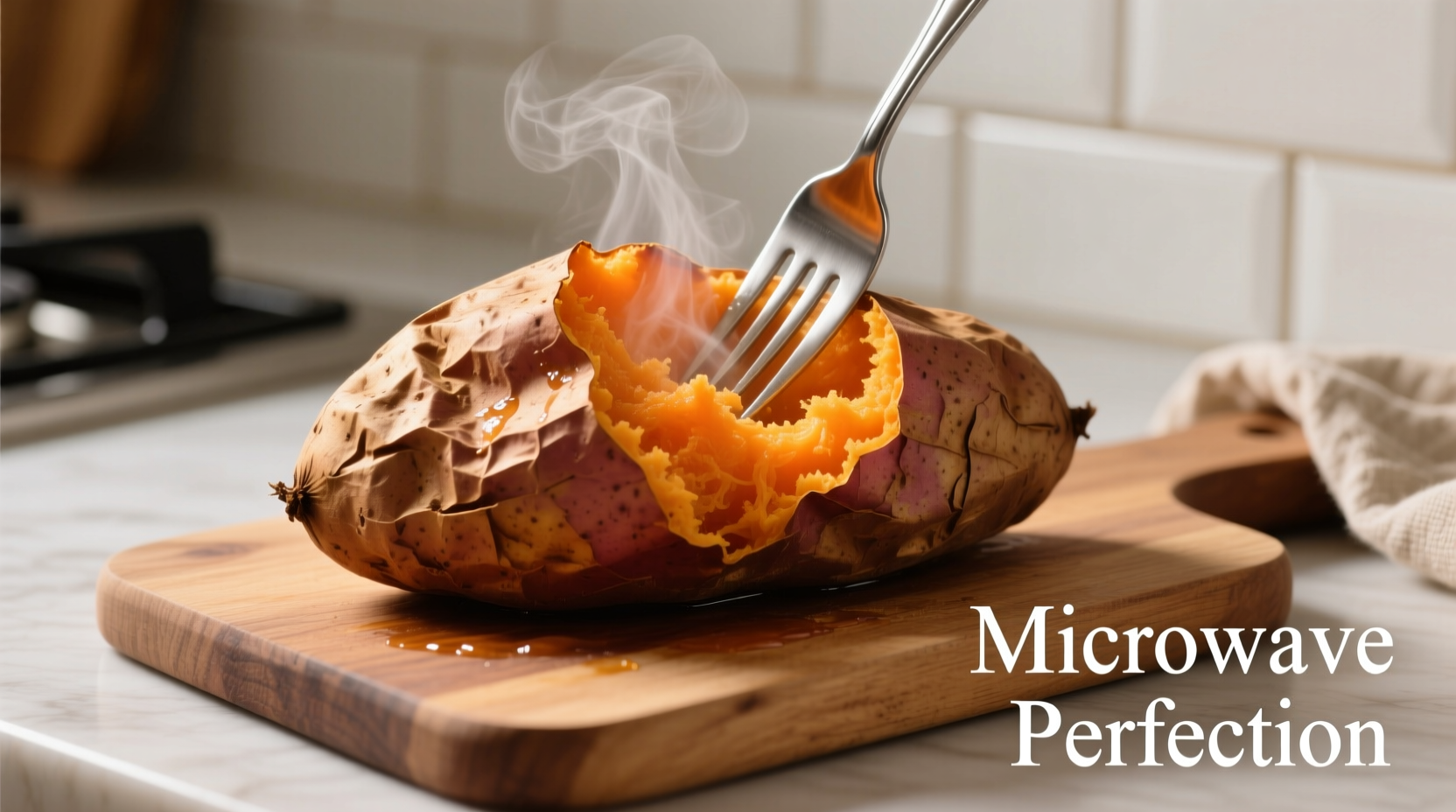 Perfectly cooked microwave sweet potato with fork showing fluffy interior