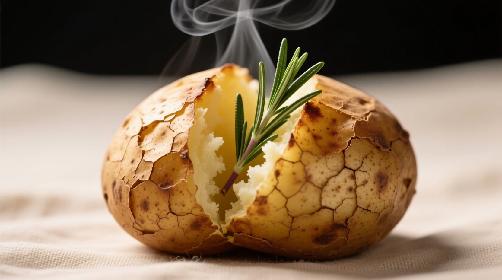 Close-up of baked potato with fresh rosemary sprig tucked into slit, steam rising, golden skin texture visible