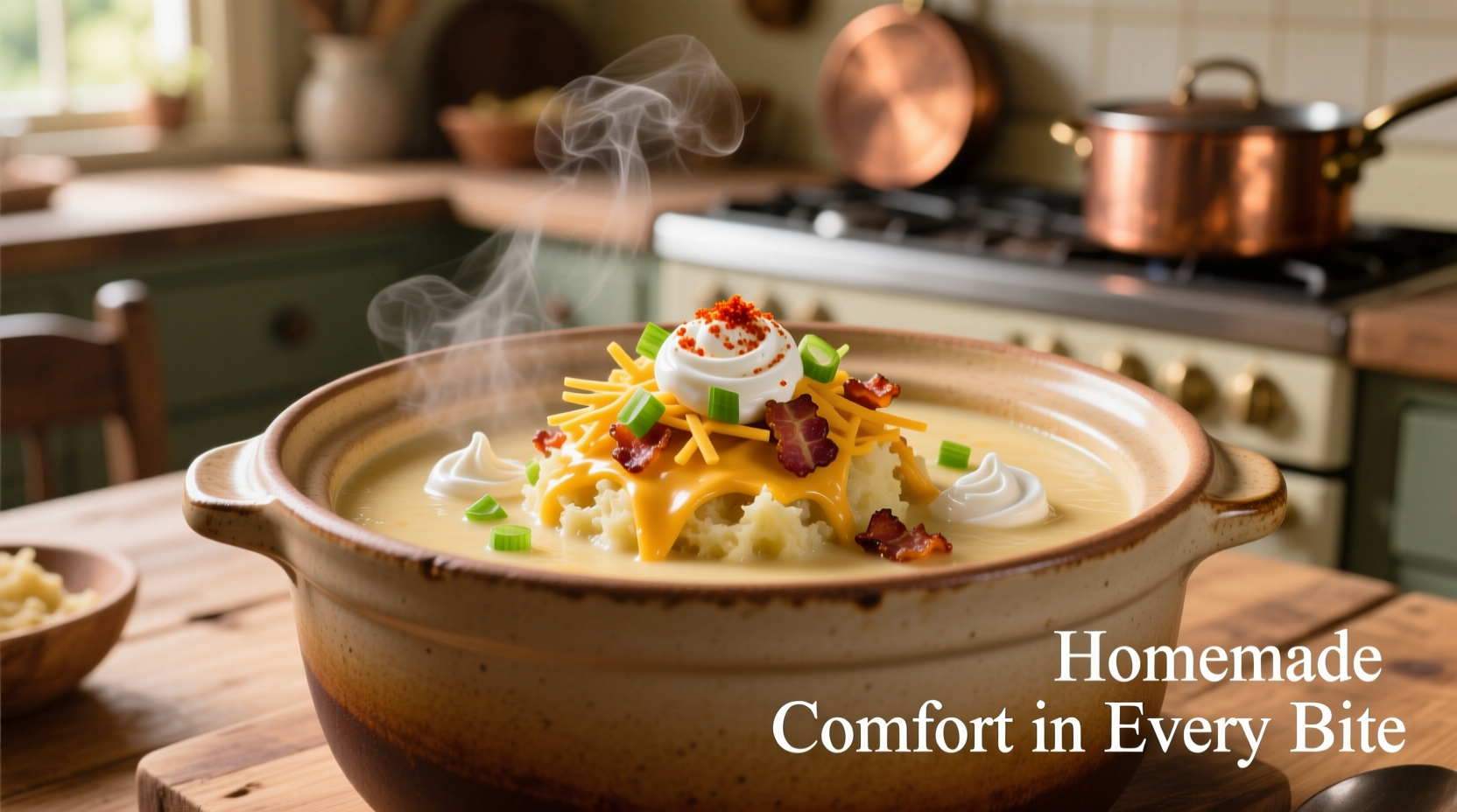 Creamy loaded potato soup in crockpot with toppings