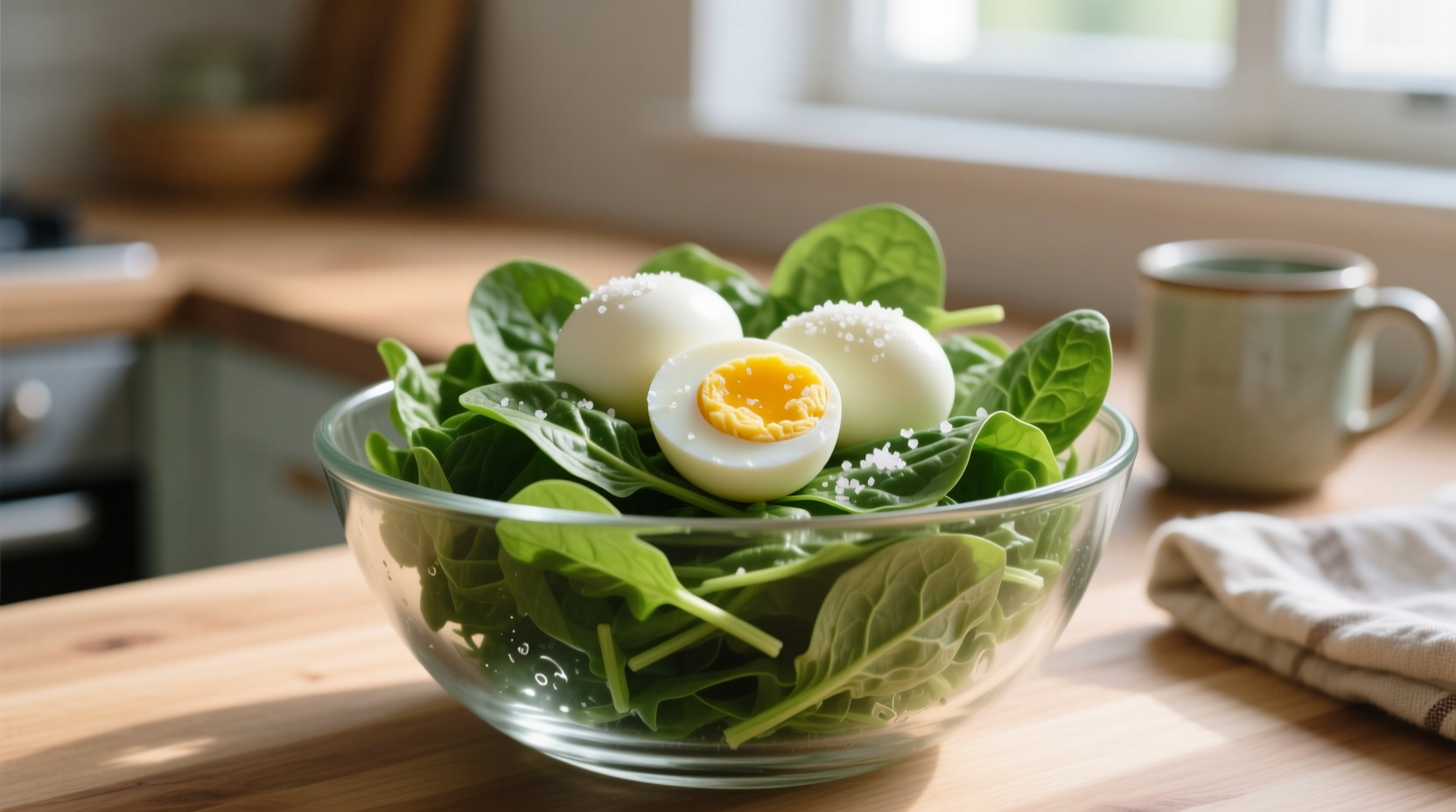 Fresh spinach and hard boiled eggs in glass bowl