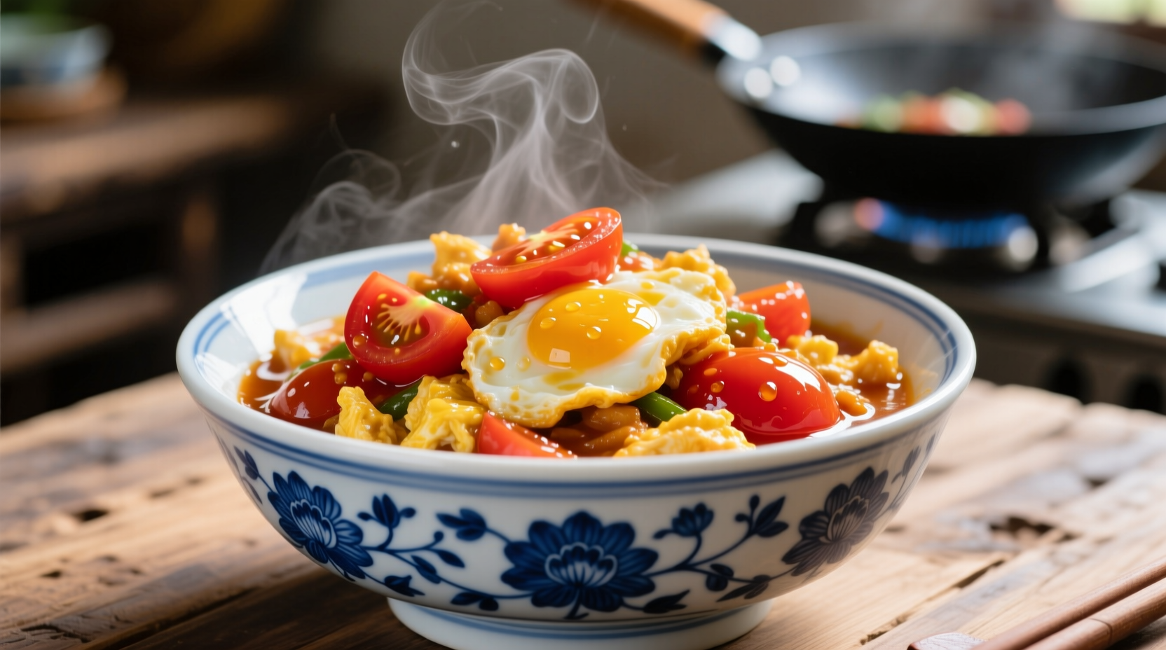 Chinese egg and tomato stir-fry in traditional blue porcelain bowl