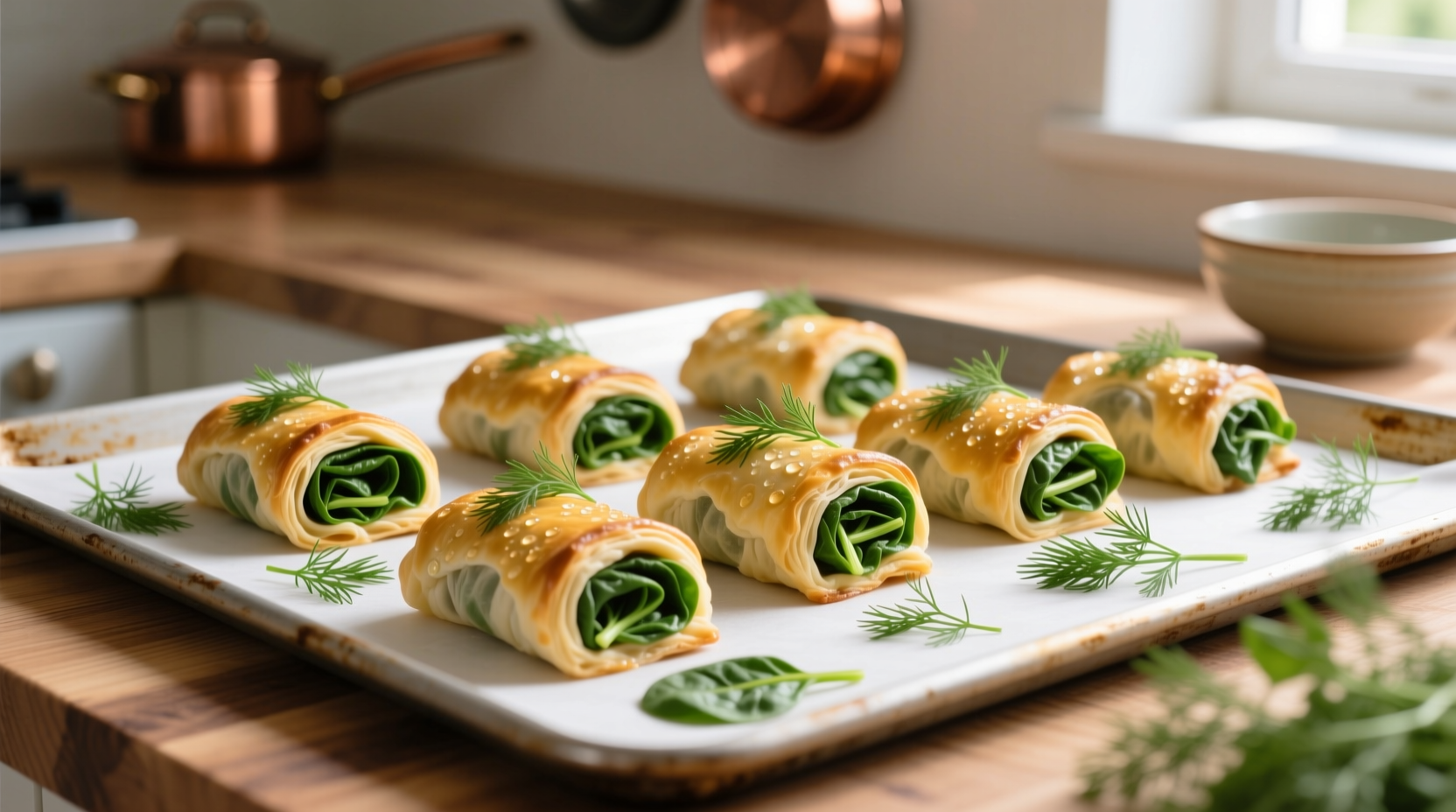 Golden spinach rolls on baking sheet with fresh dill garnish