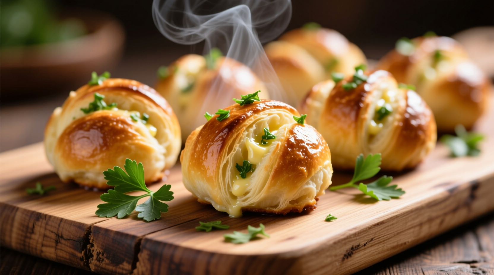 Freshly baked garlic knots with parsley garnish on wooden board