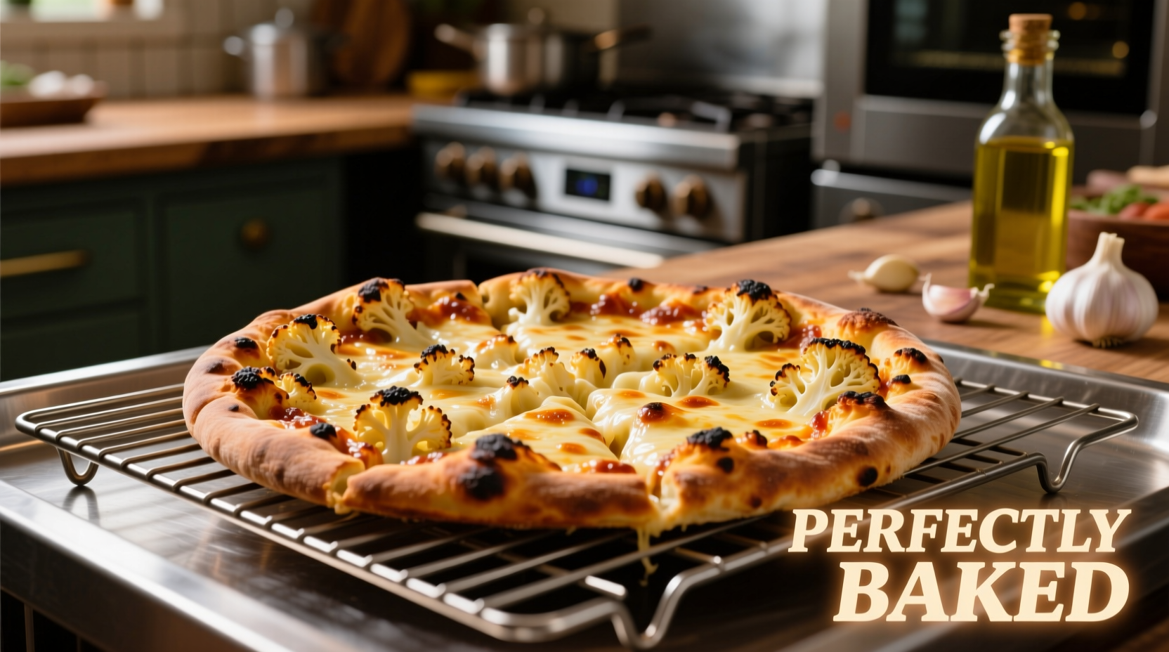 Perfectly baked Costco cauliflower pizza on oven rack