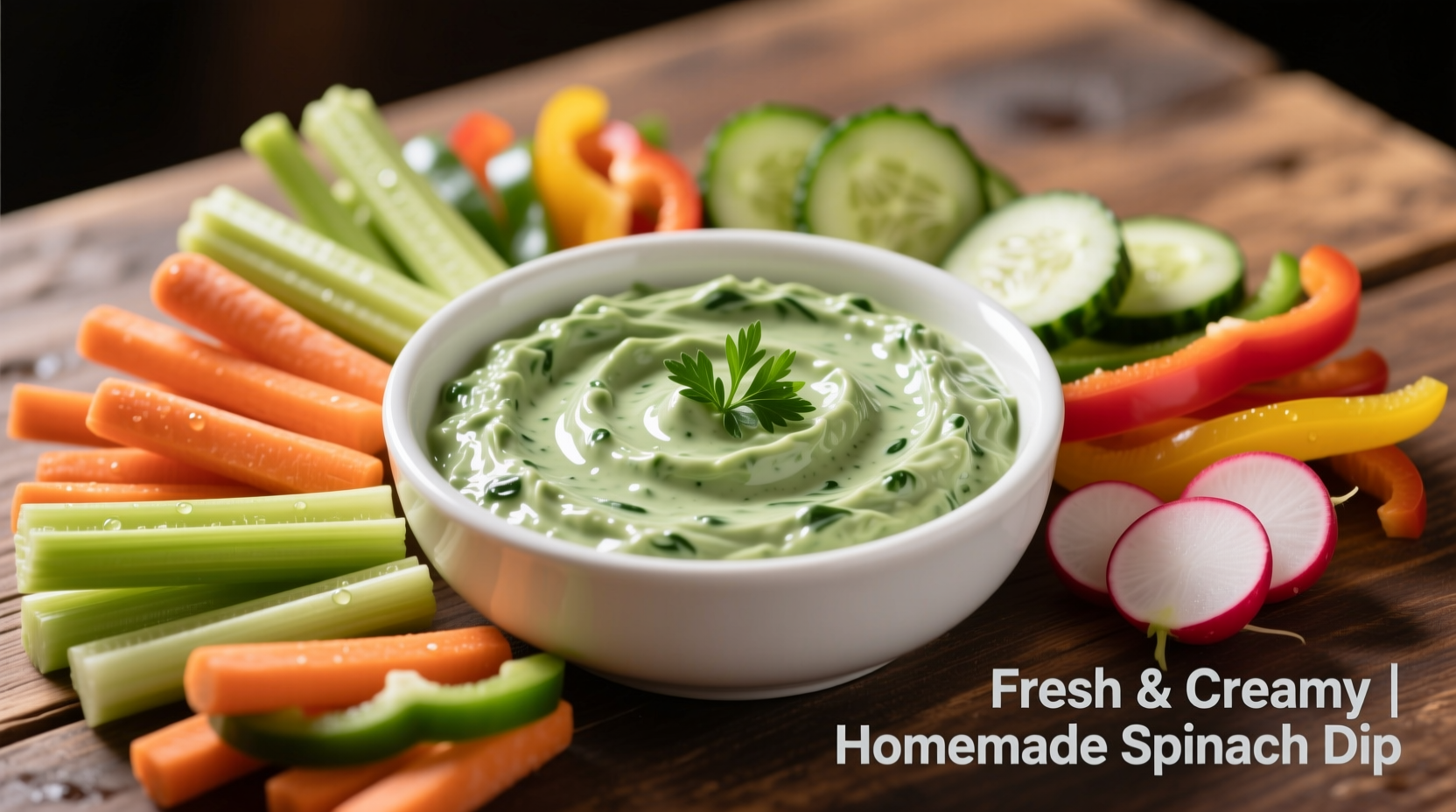 Creamy spinach dip in white bowl with vegetable dippers