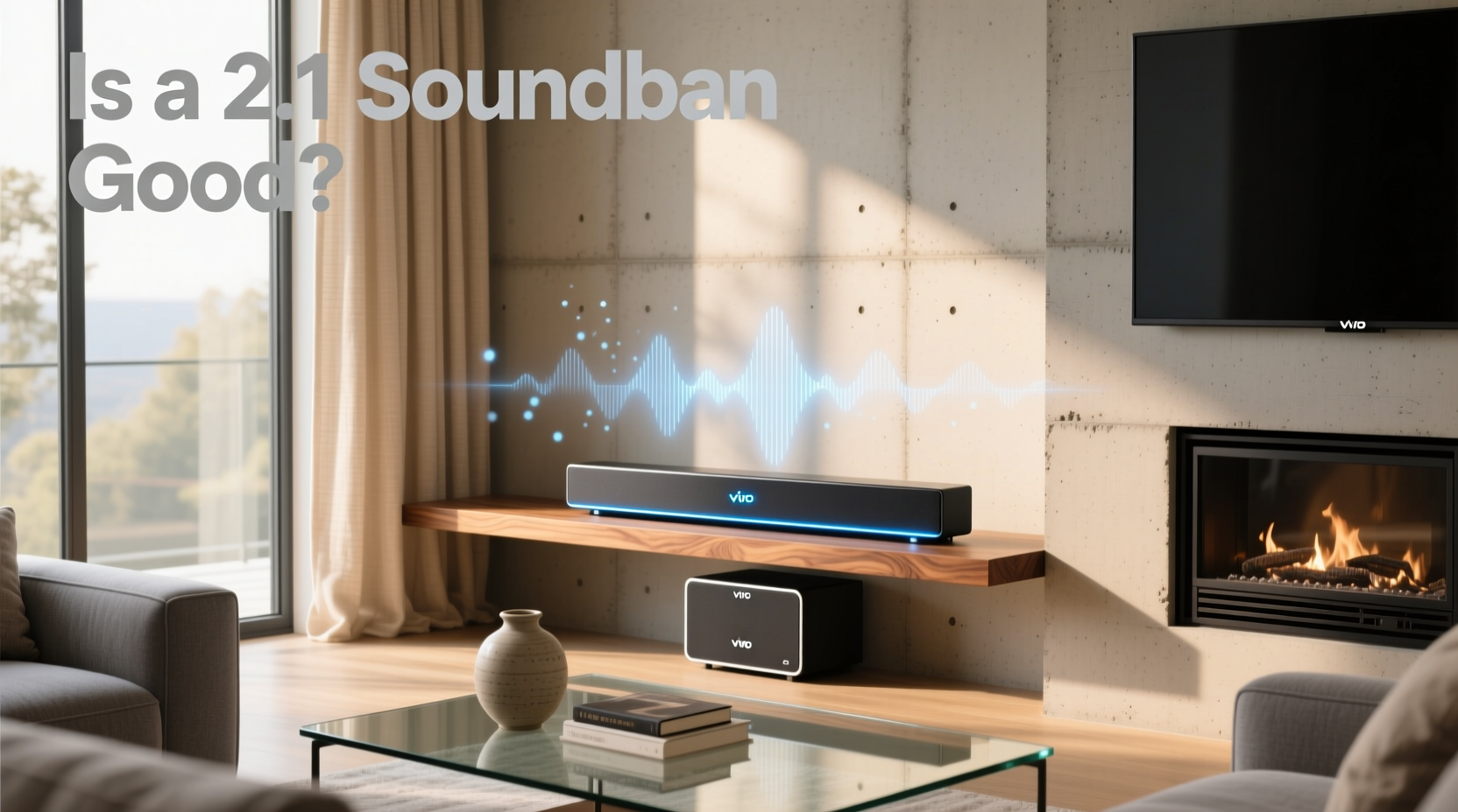 Vizio 2.1 soundbar with subwoofer setup showing connections and placement options