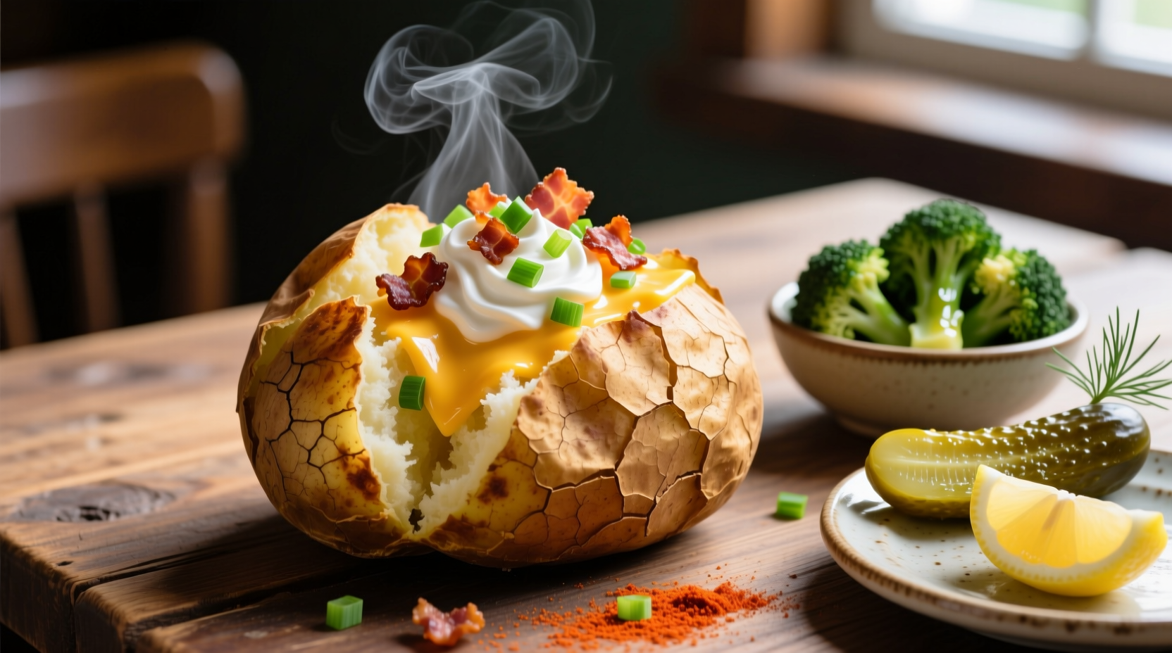 Baked potato with various toppings and sides