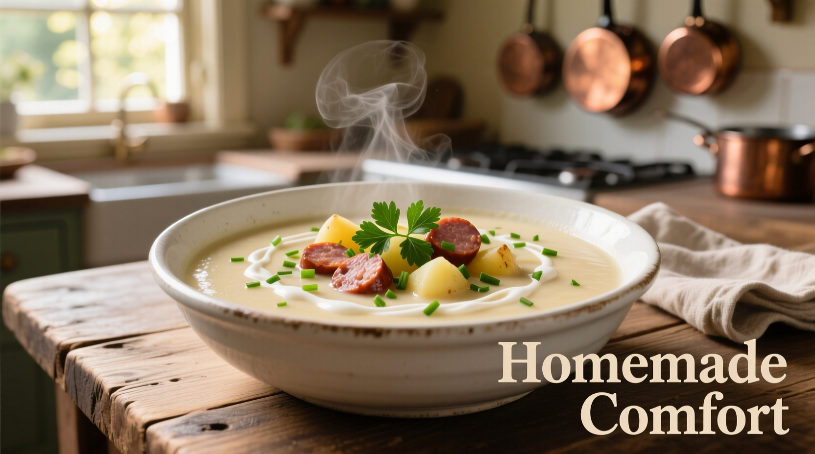 Creamy sausage potato soup in white bowl with fresh herbs