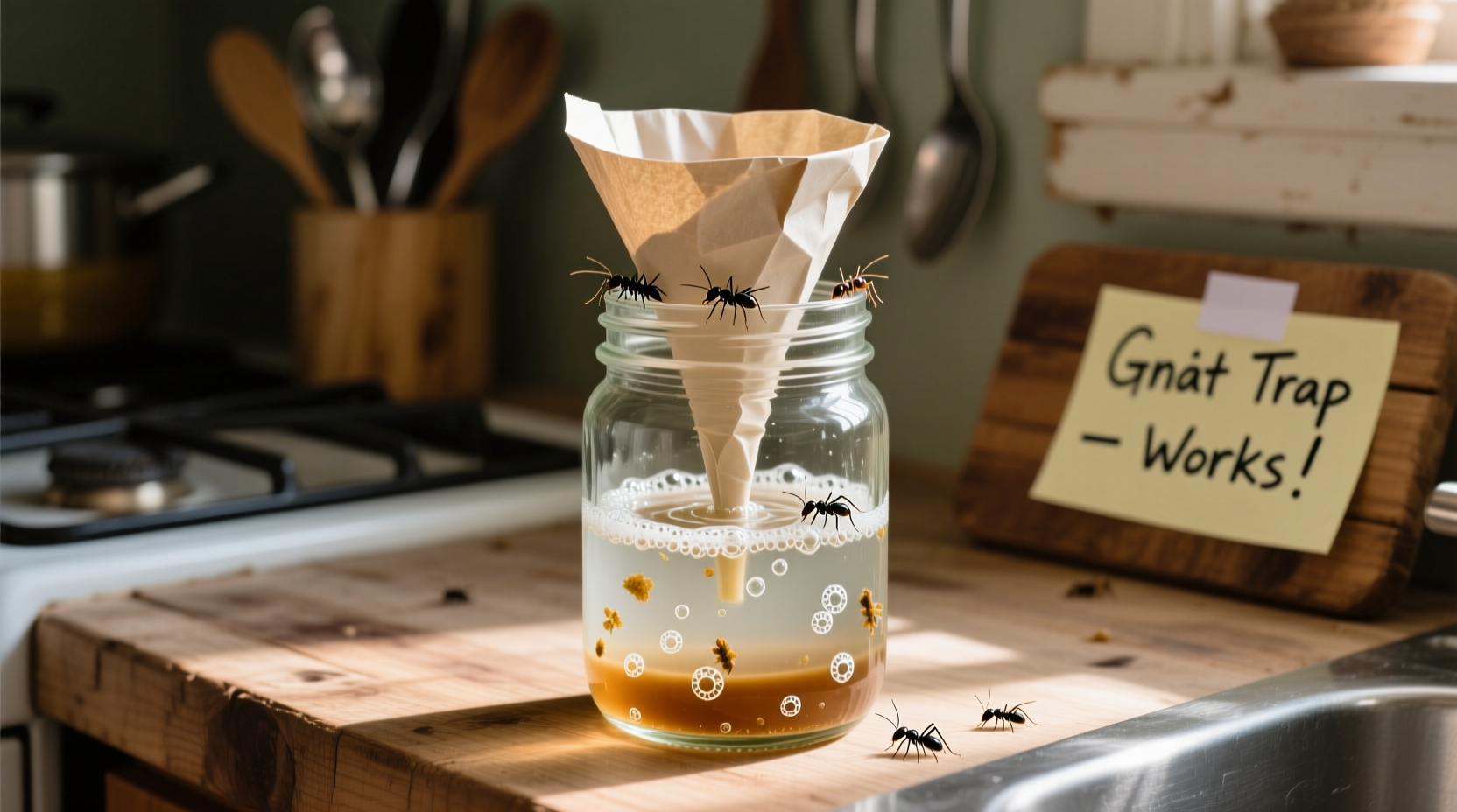 Homemade gnat trap with vinegar and dish soap in jar
