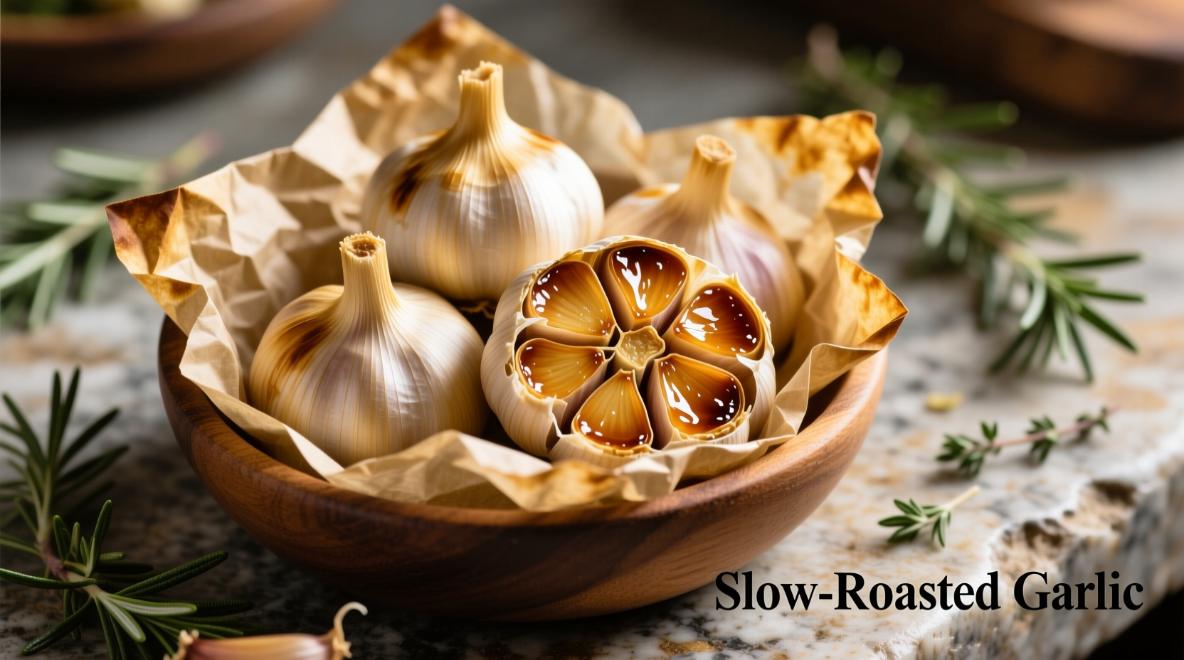 Golden roasted garlic cloves squeezed from parchment-wrapped bulbs