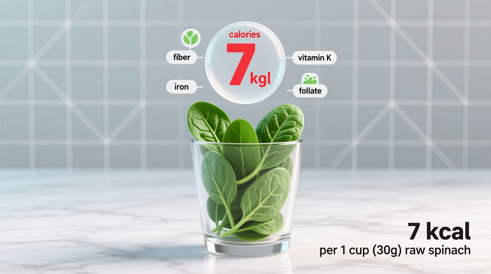 Spinach Calories: 7 in Raw Cup, 41 in Cooked Cup (USDA Data)