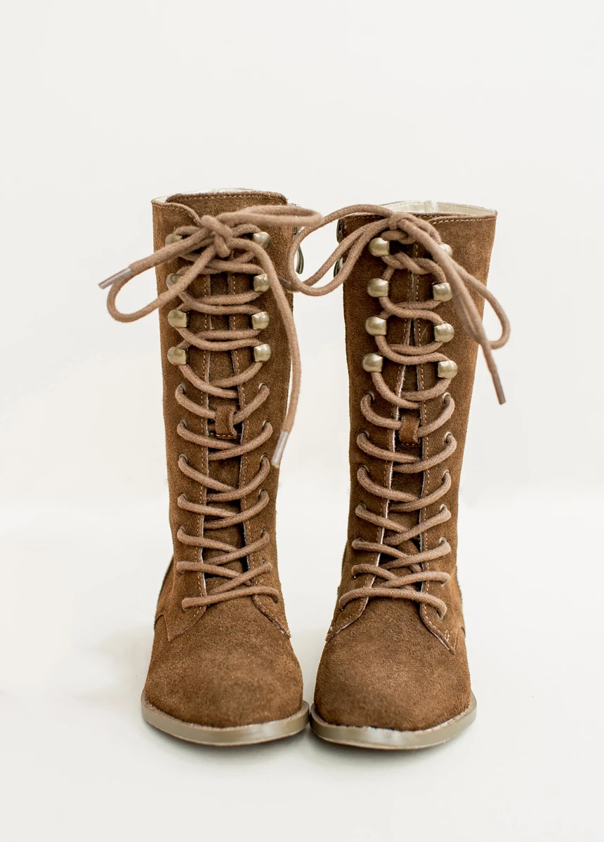 古董黄铜电镀花边小女孩皮靴棕色绒面革冬季靴子为孩子的孩子