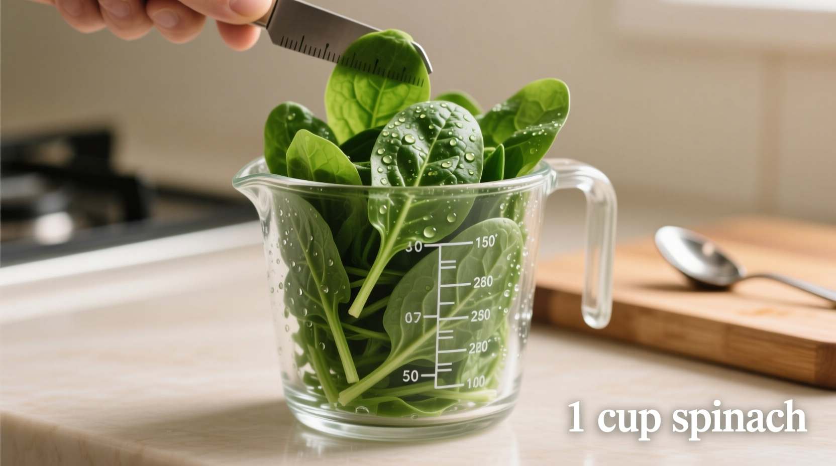 Measuring raw spinach in clear measuring cup