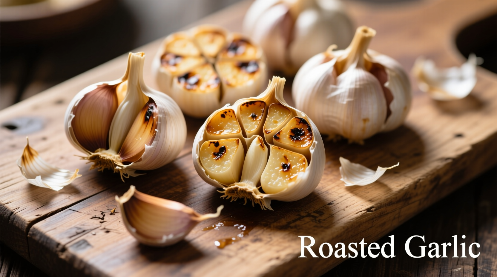 Oven-roasted garlic cloves on wooden board