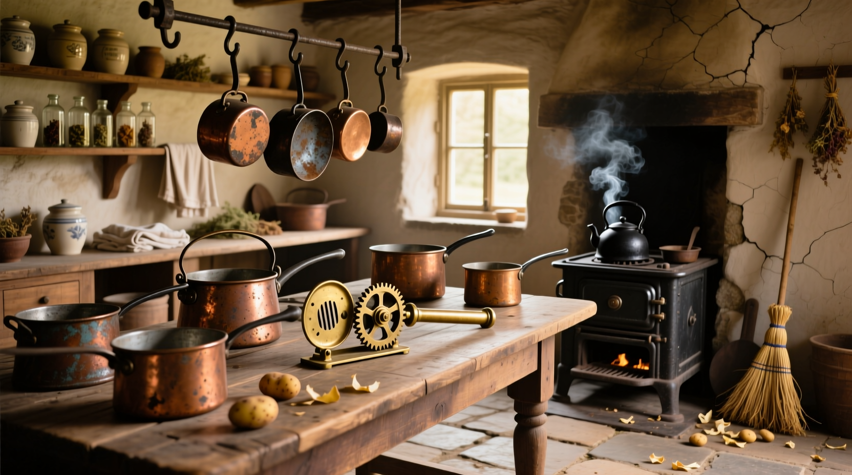 Vintage 19th century kitchen with copper pots and potato slicer