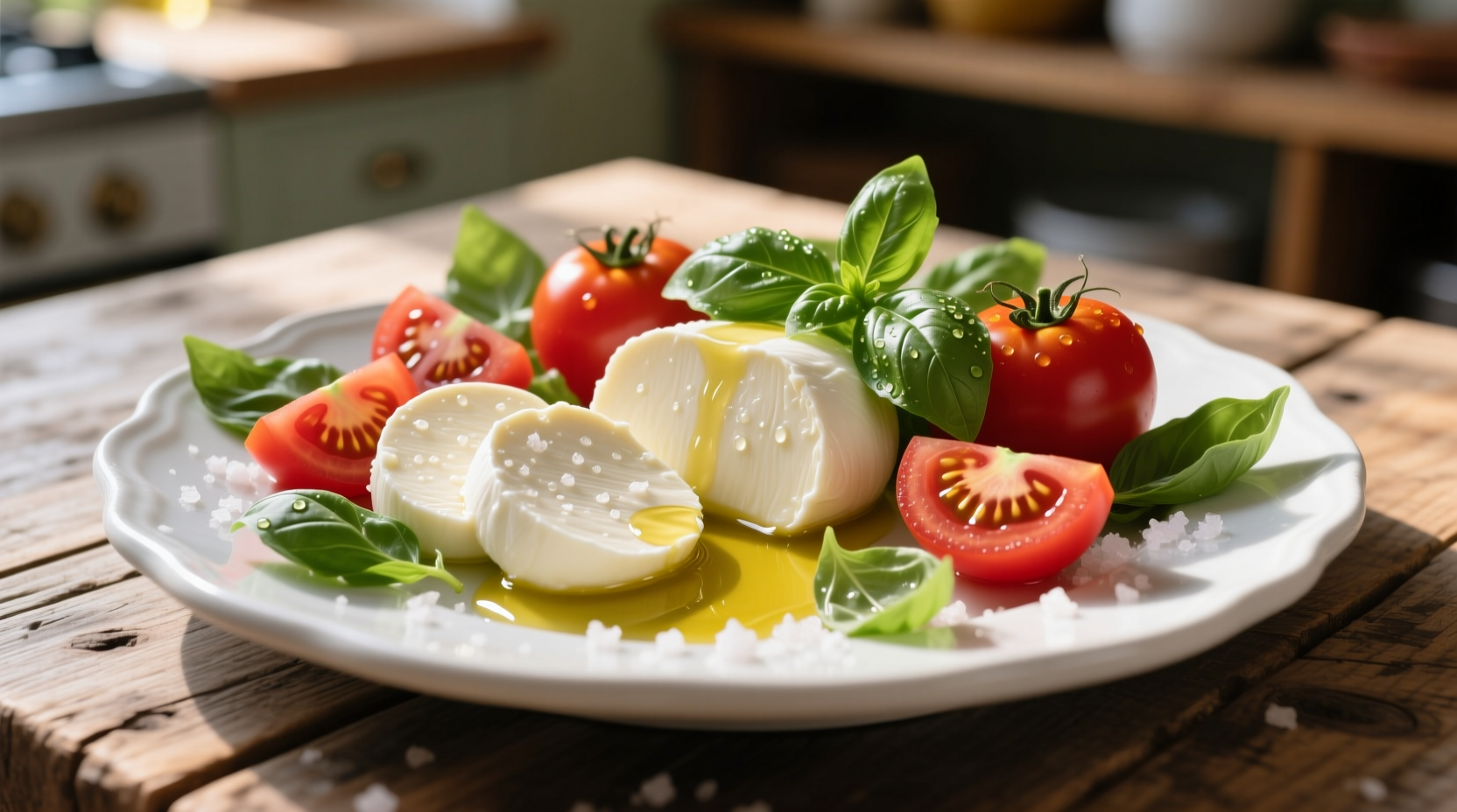 Fresh mozzarella tomato basil salad on white plate