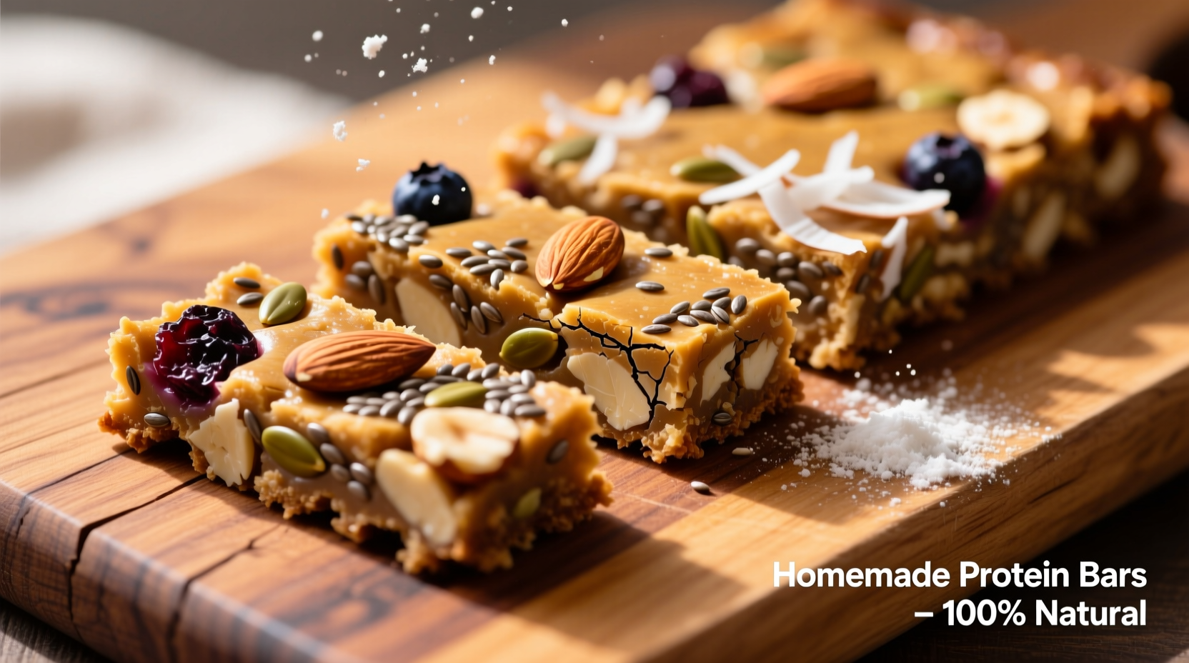 Homemade protein bars sliced on wooden cutting board