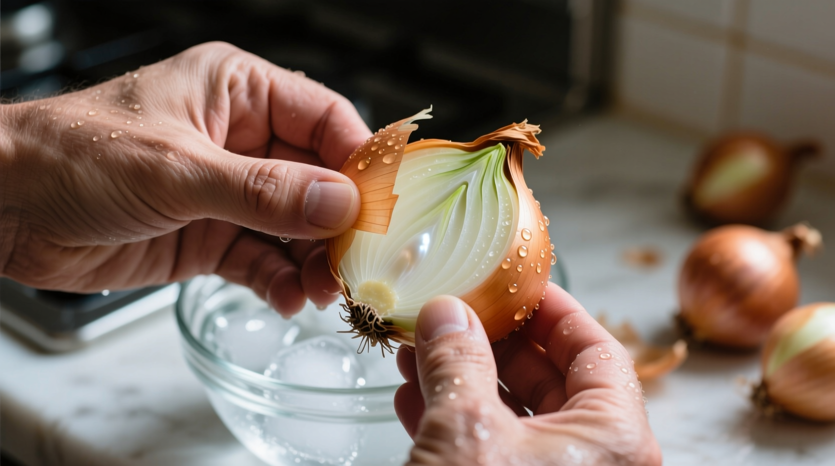 Hand peeling pearl onions after ice bath treatment