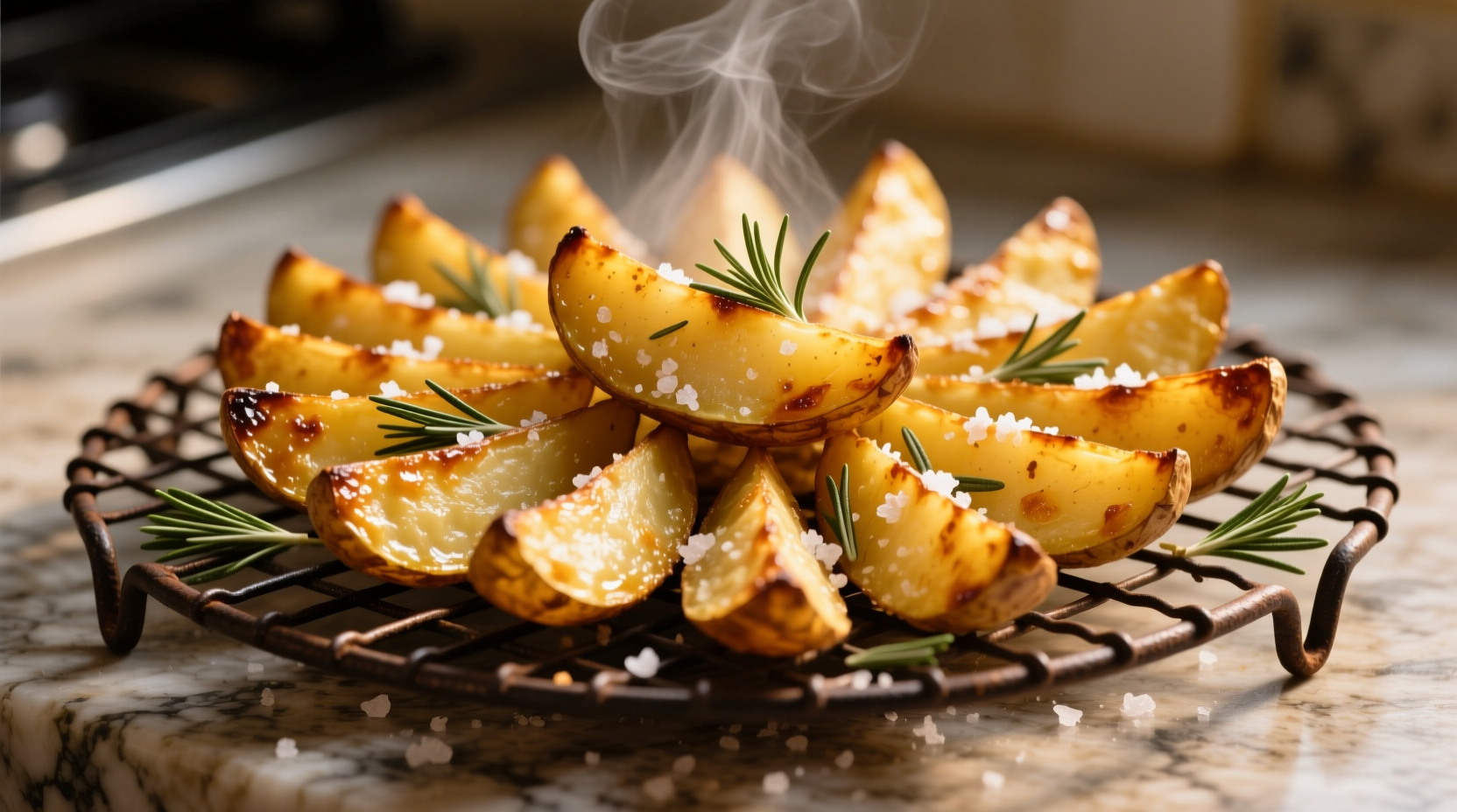 Golden baked potato wedges on a wire rack