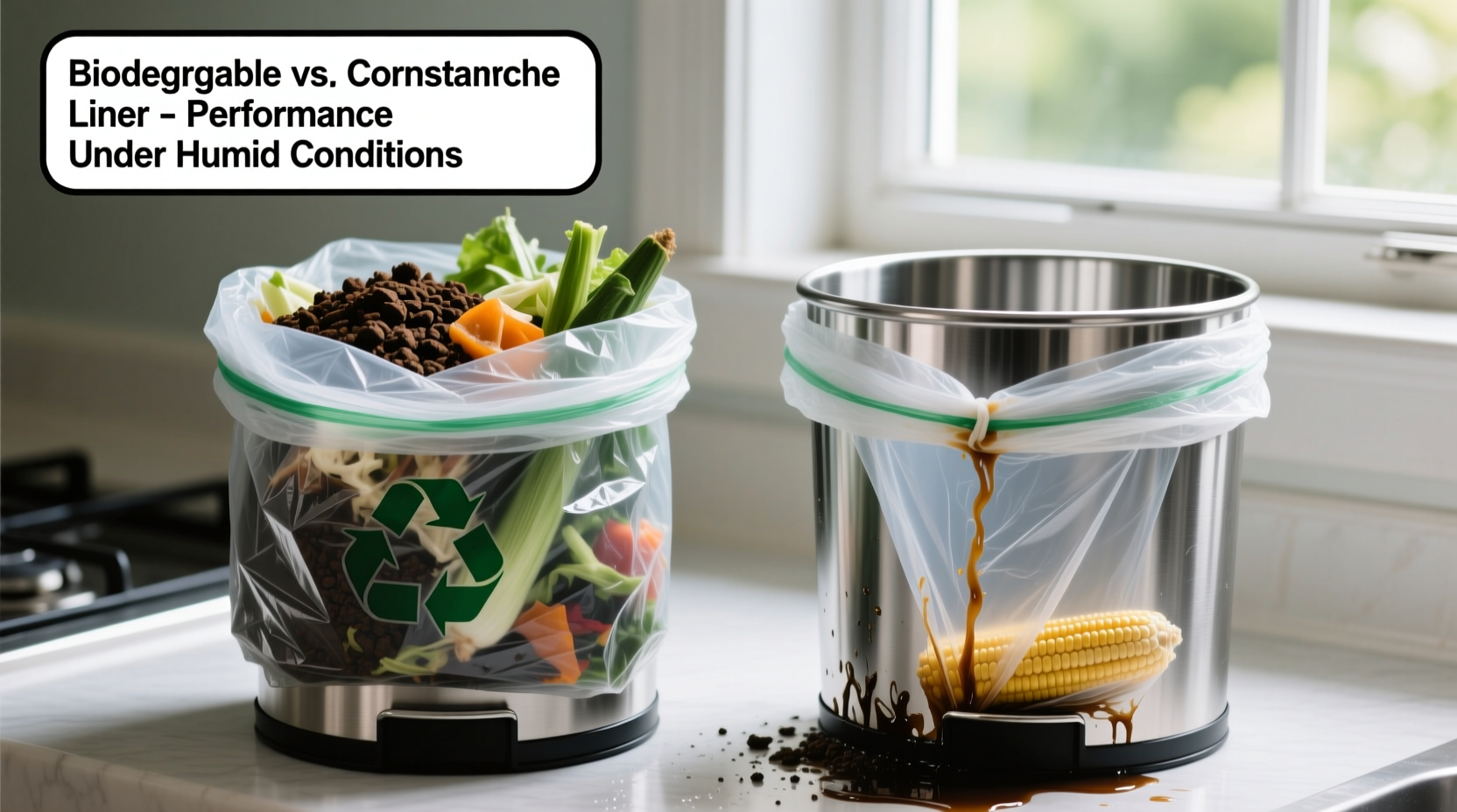 Side-by-side comparison: a certified biodegradable trash bag holding wet coffee grounds and vegetable scraps in a stainless steel bin versus a cornstarch liner sagging, translucent, and leaking at the seam in identical 82% RH summer kitchen conditions