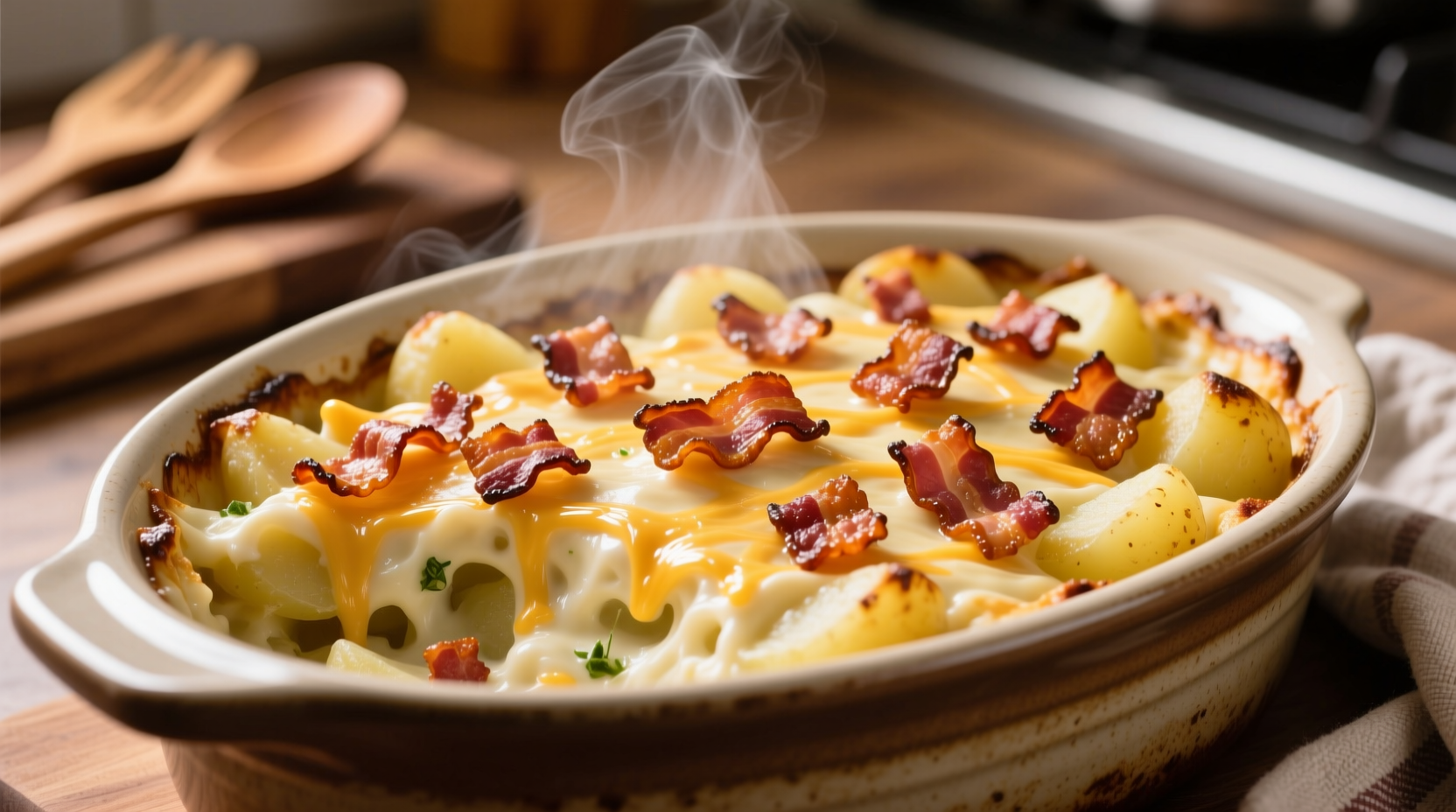 Slow cooker creamy potato casserole with crispy bacon topping