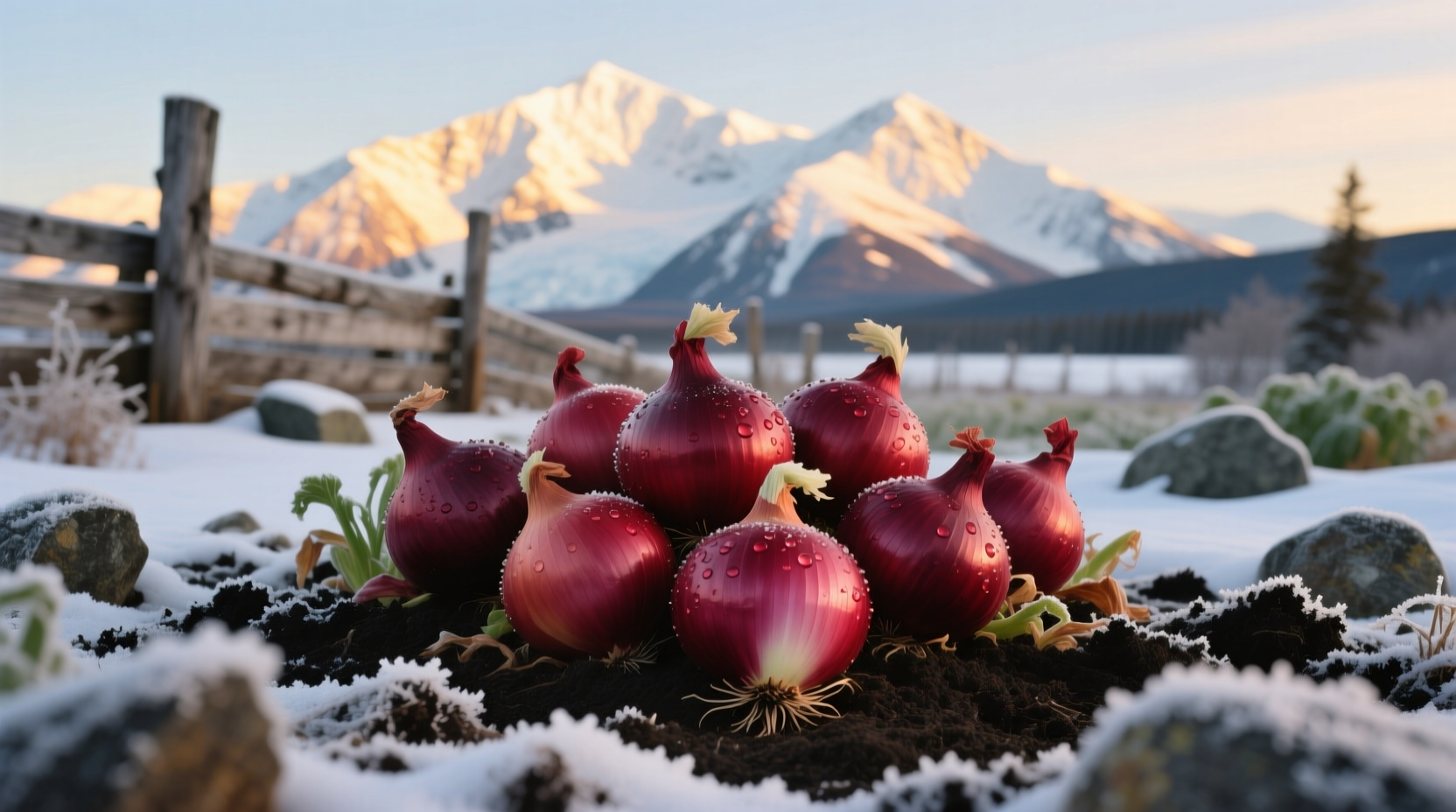 Red onions growing in an Alaskan garden with snow-capped mountains