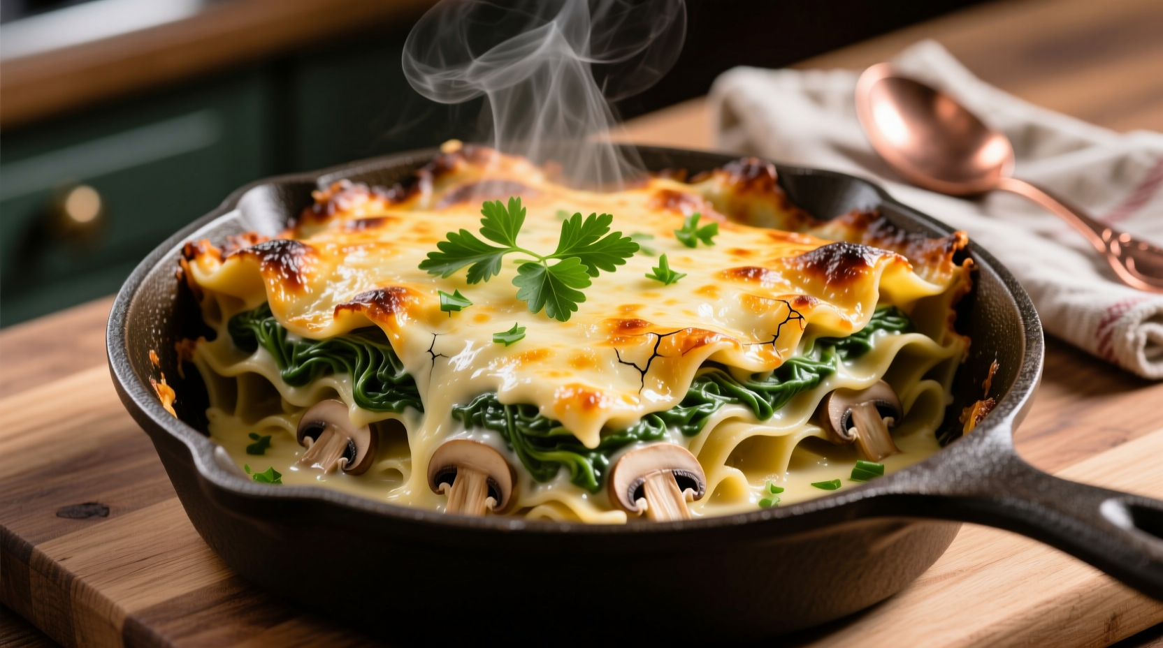 Creamy spinach mushroom lasagna with golden cheese crust