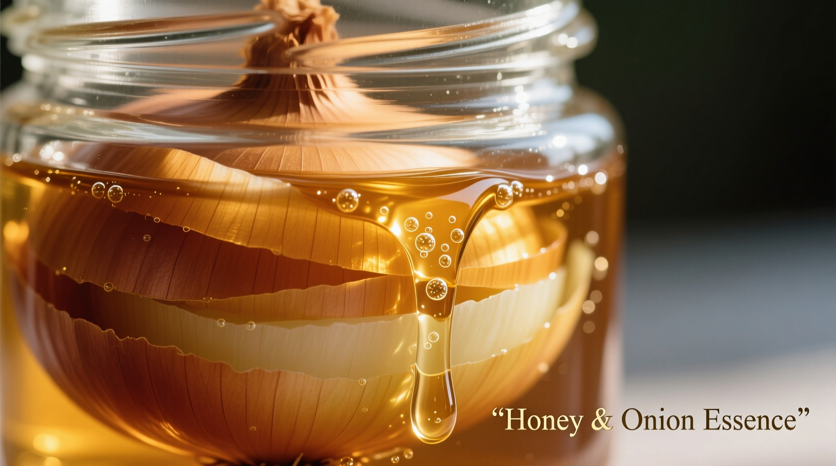 Glass jar with layered onions and honey showing extracted liquid